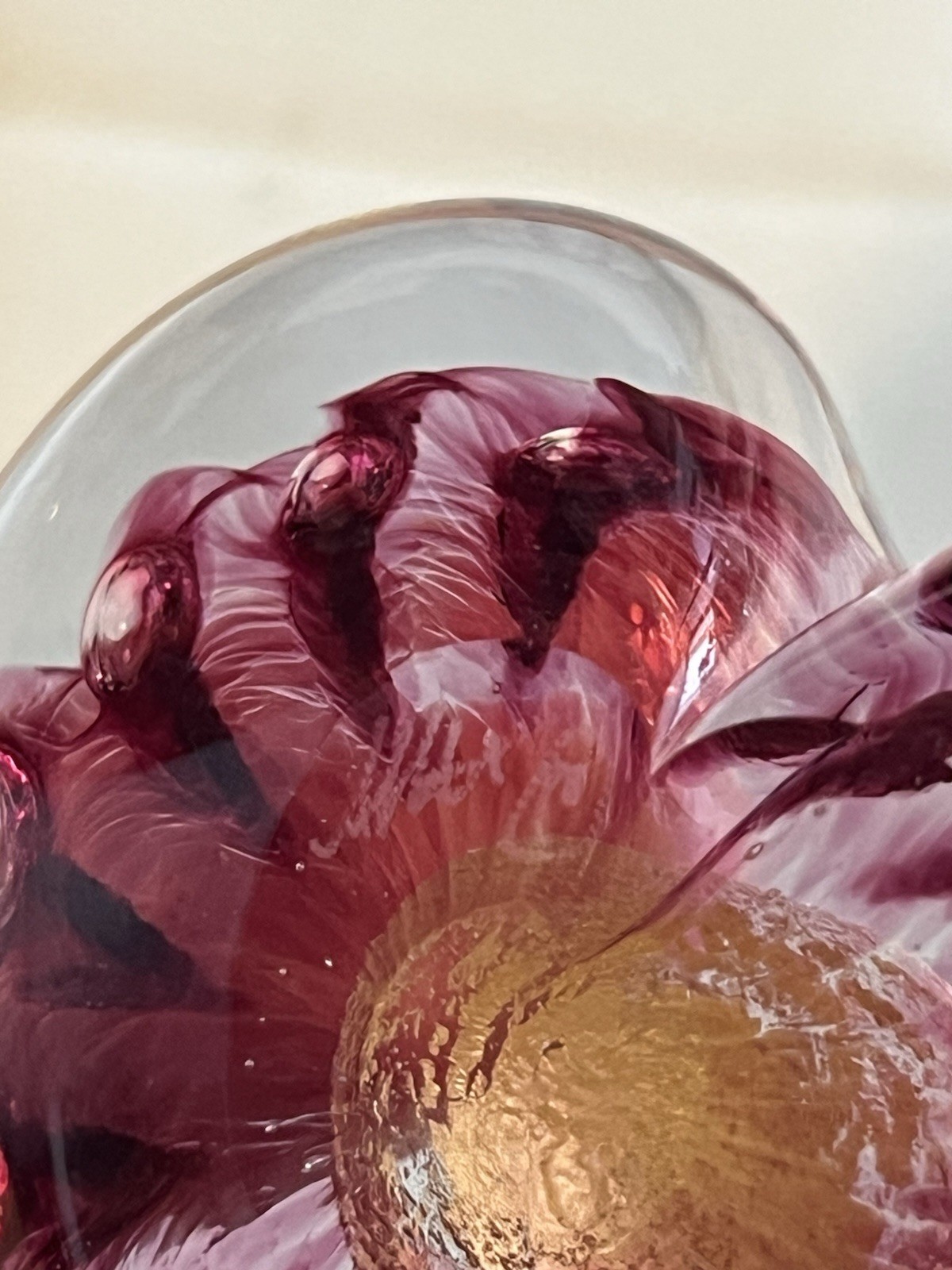 Clear Art Glass Heart With Cranberry And Gold Signed 3”