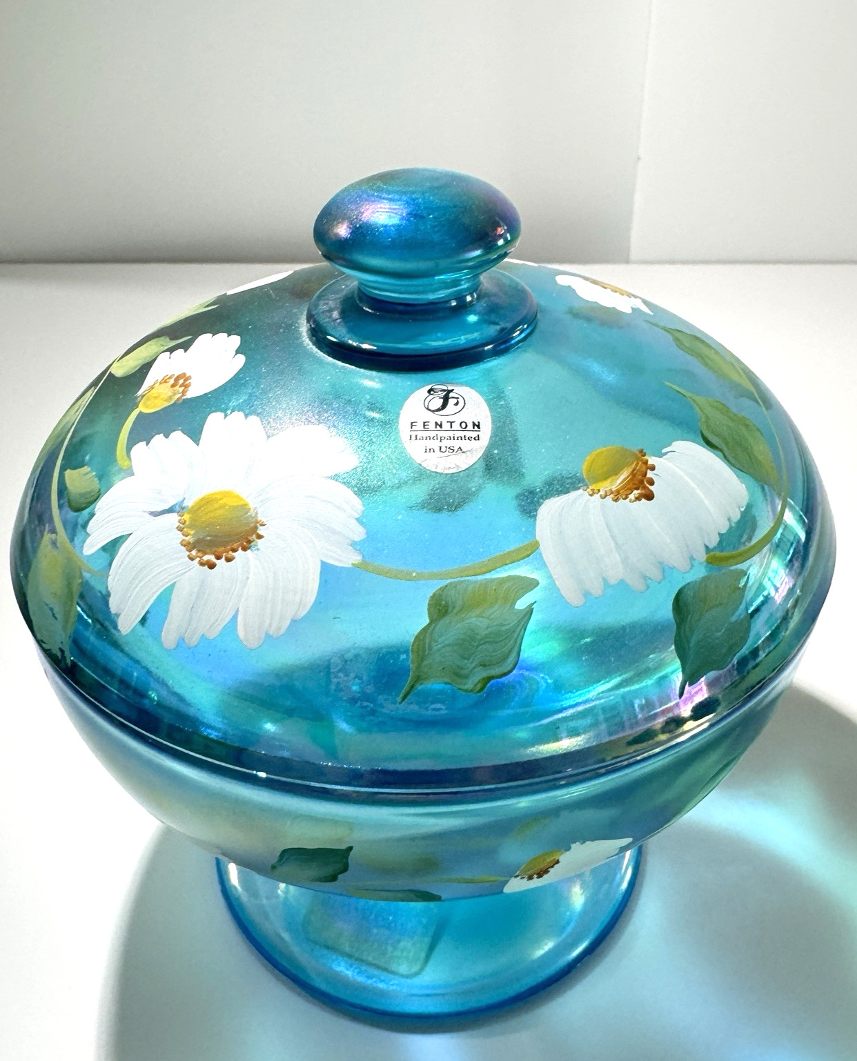 ❤️FENTON CELESTE BLUE STRETCH TEAL CANDY BOX CARNIVAL GLASS HP DAISY 5960 KP❤️