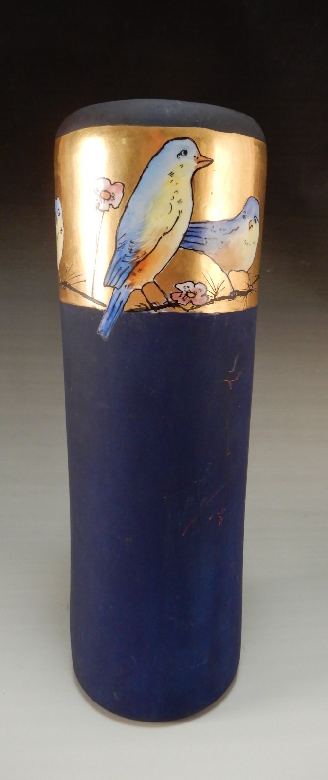 Antique PH Leonard Vienna Austria Hand Painted Birds Cilindrical 12-1/2″ Vase