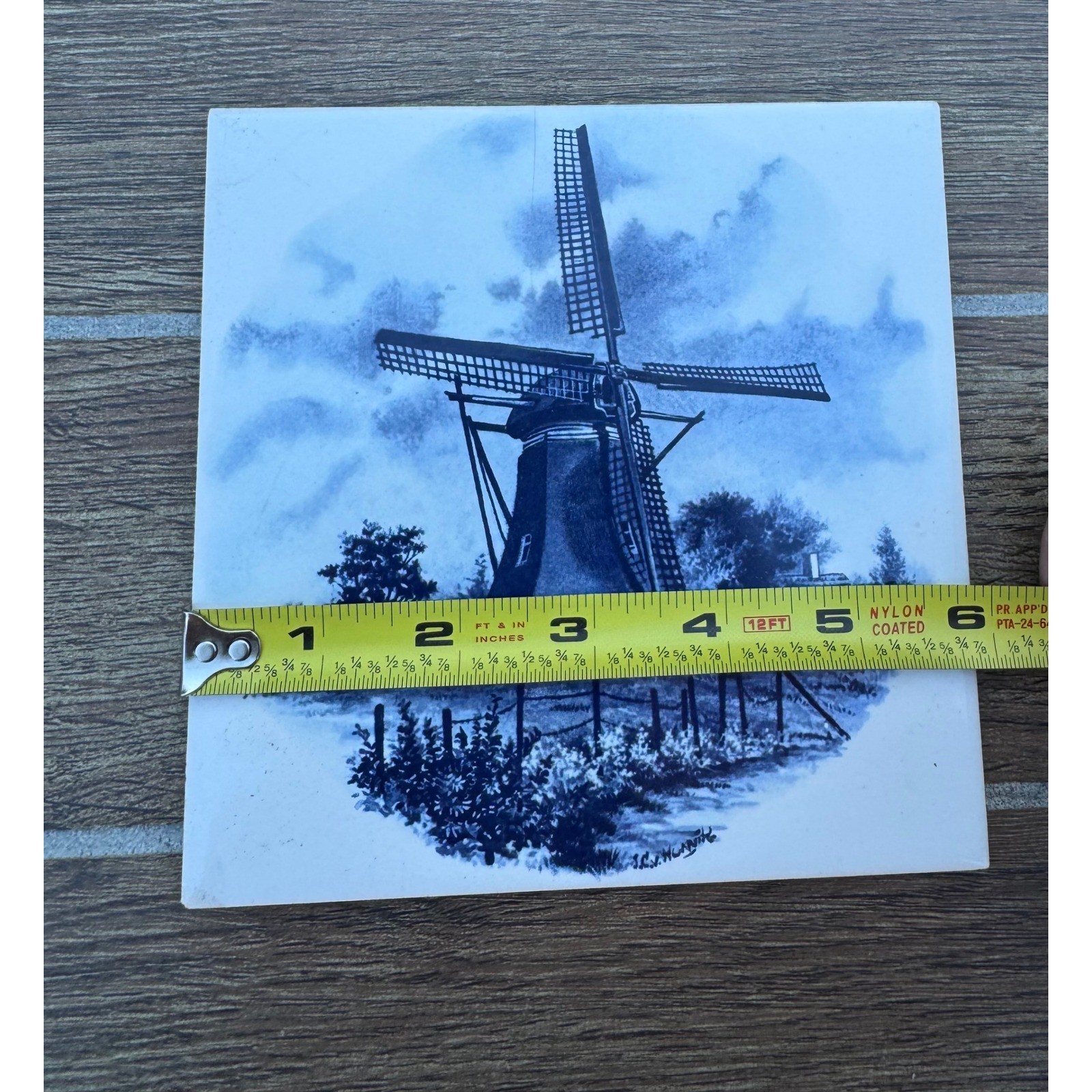 Delft blue 6″ wood framed ceramic art tile Vintage MOSA Holland porcelain