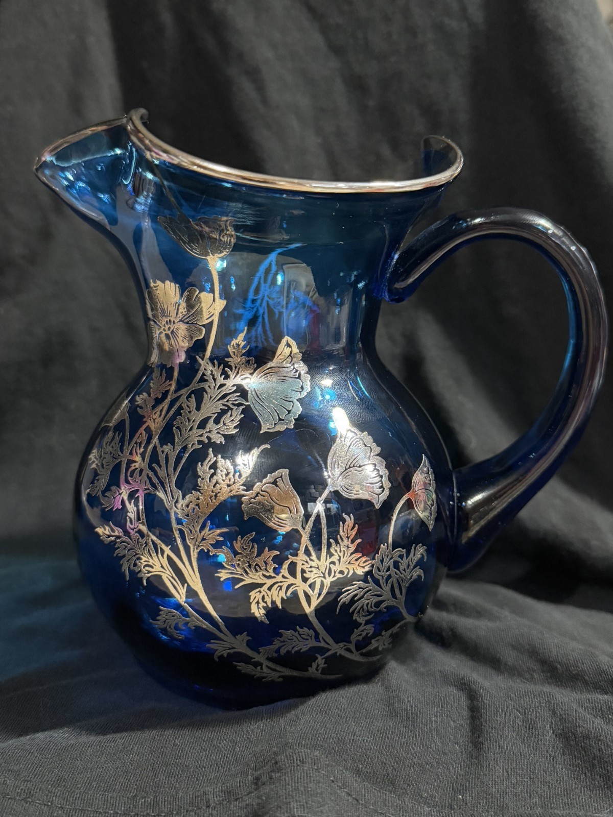 Antique Cobalt Blue Art Glass Pitcher Silver Overlay Floral Decoration Pontil