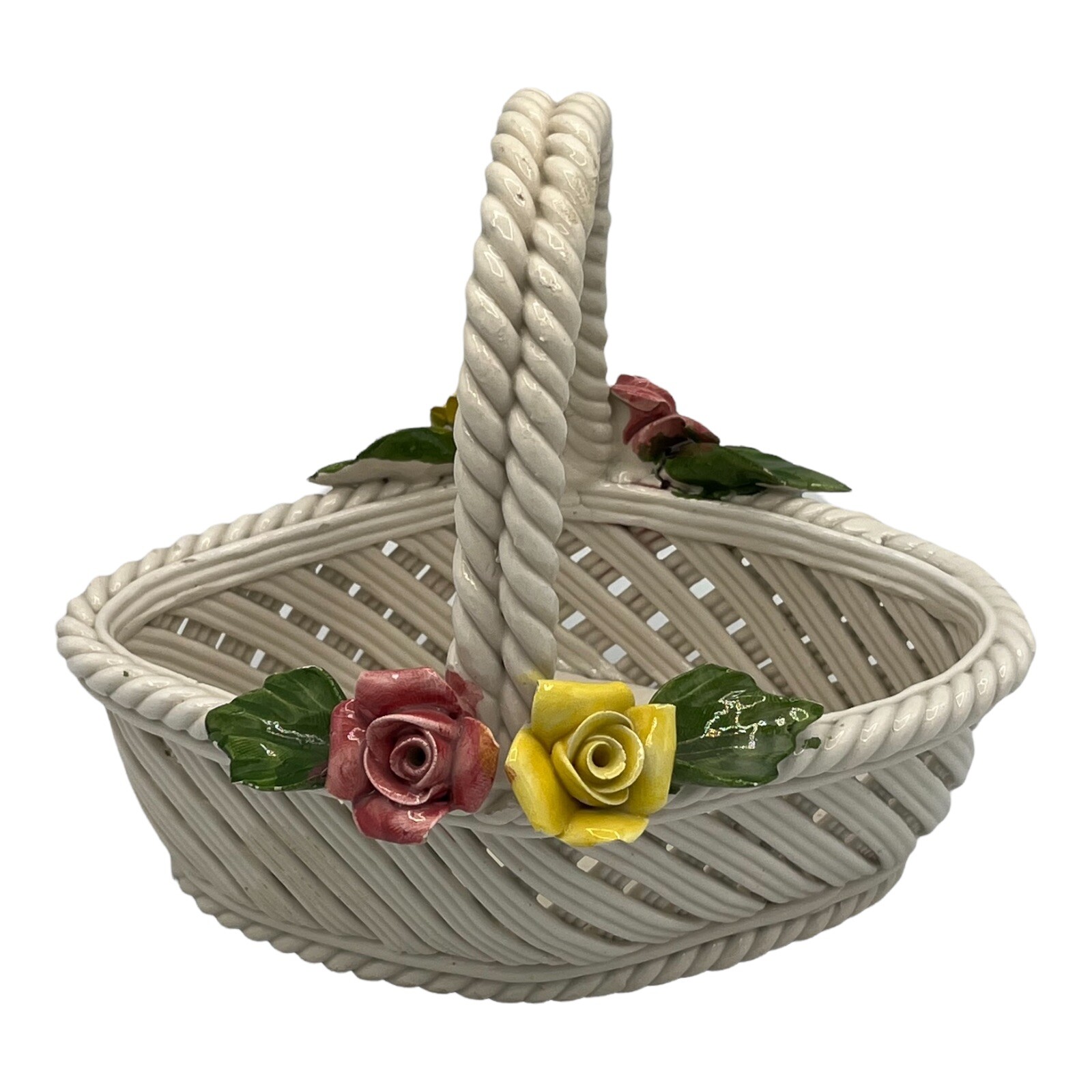 Vtg Porcelain Nuova Capodimonte White Woven Basket with Pink and Yellow Flowers