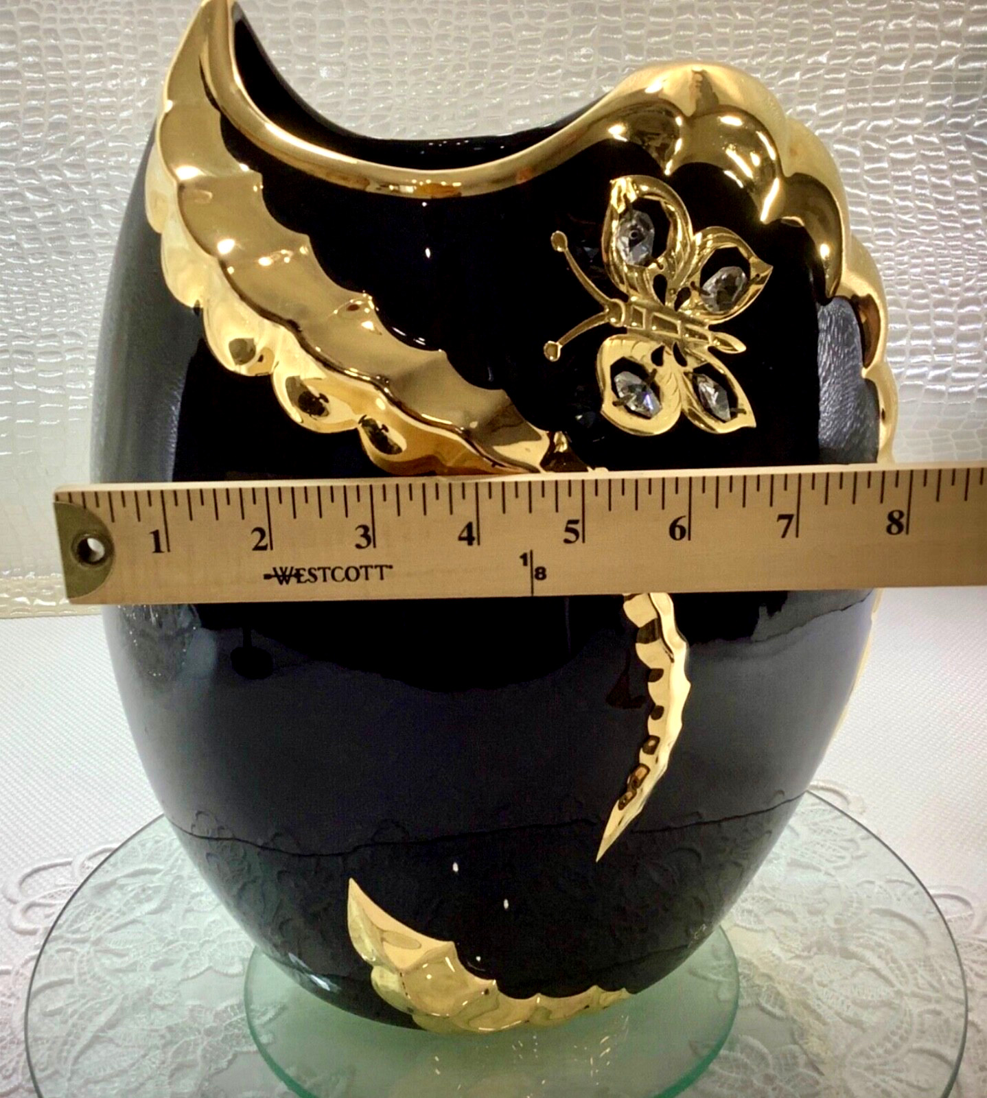 BC Creazioni Dipinto a Mano Signed 12” Black Gold Gilt Encrusted Vase Crystals