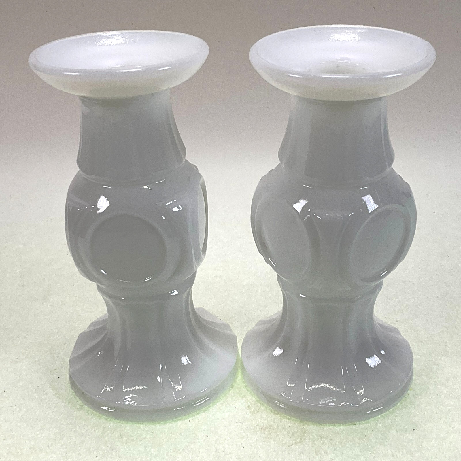 White Milk Glass Coin Pattern Candle Holders Bud Vases Vintage Pair