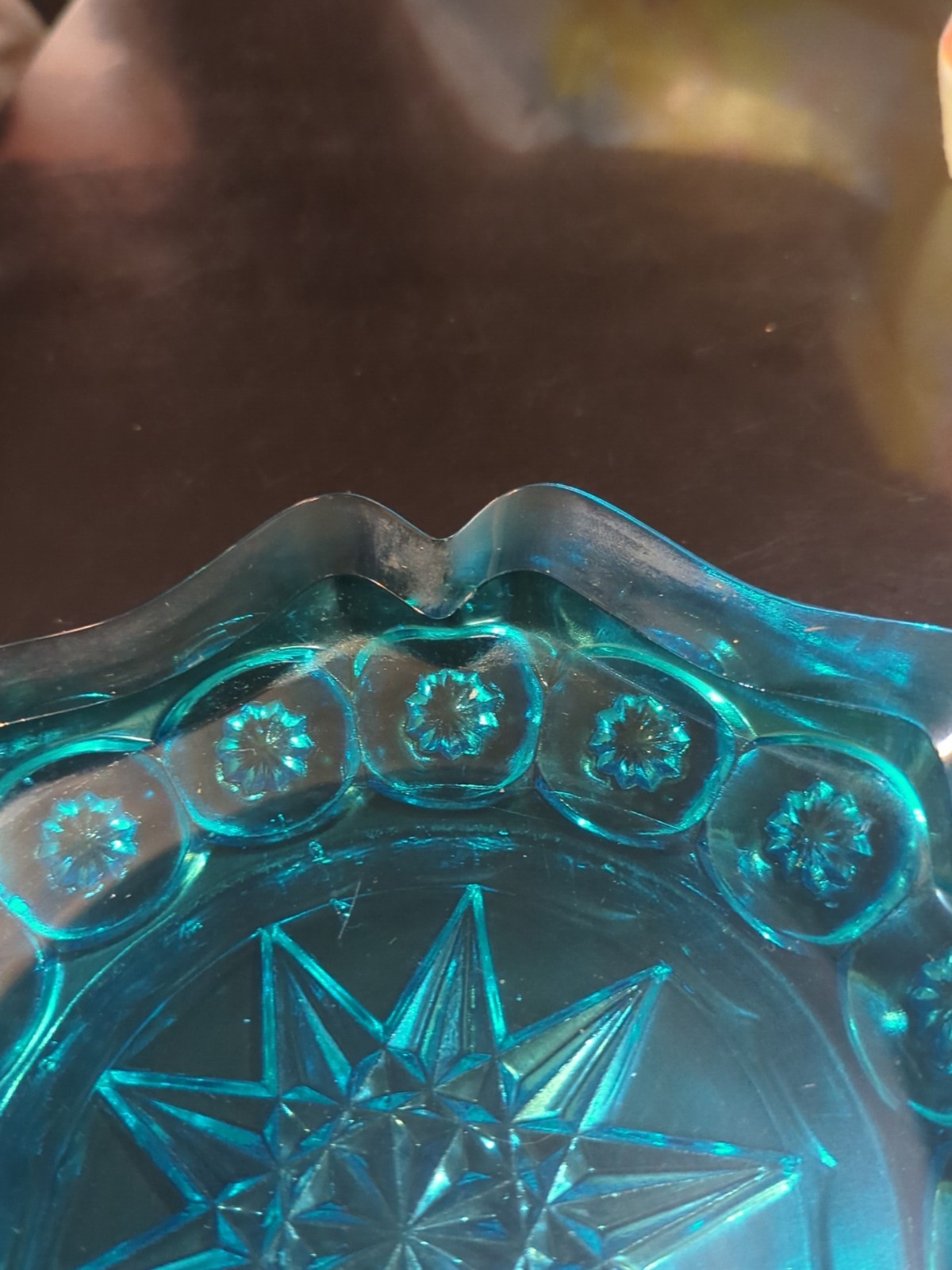 Vintage Ashtray Blue Glass Moon & Stars L.G.WRIGHT Large Round 8″