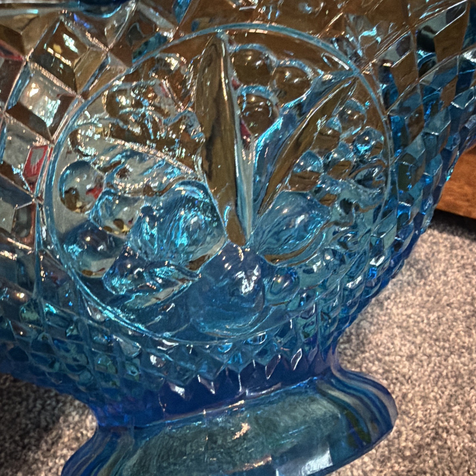 Vintage Indiana Glass Tiara Blue Glass Basket with Handle, Diamond Point