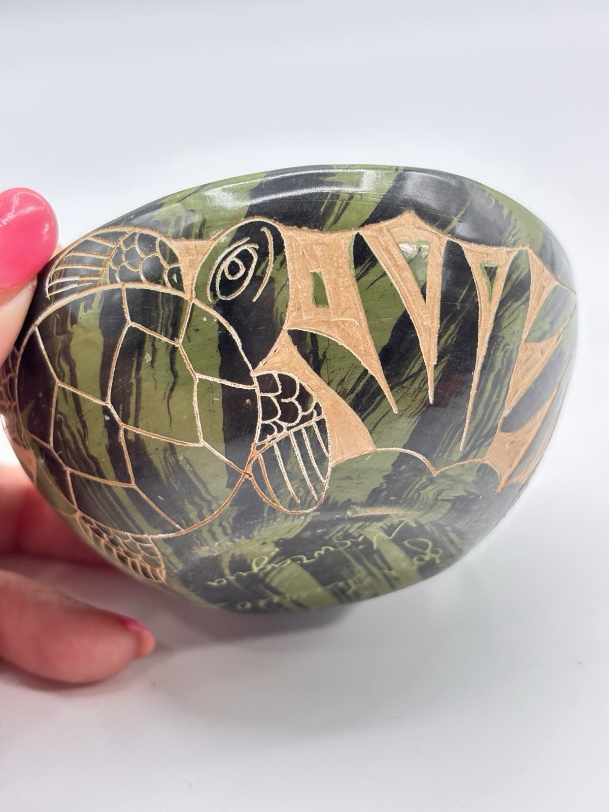 Sea Turtle Trinket Dish Carved Cut Away Design Hand Made + Painted Signed
