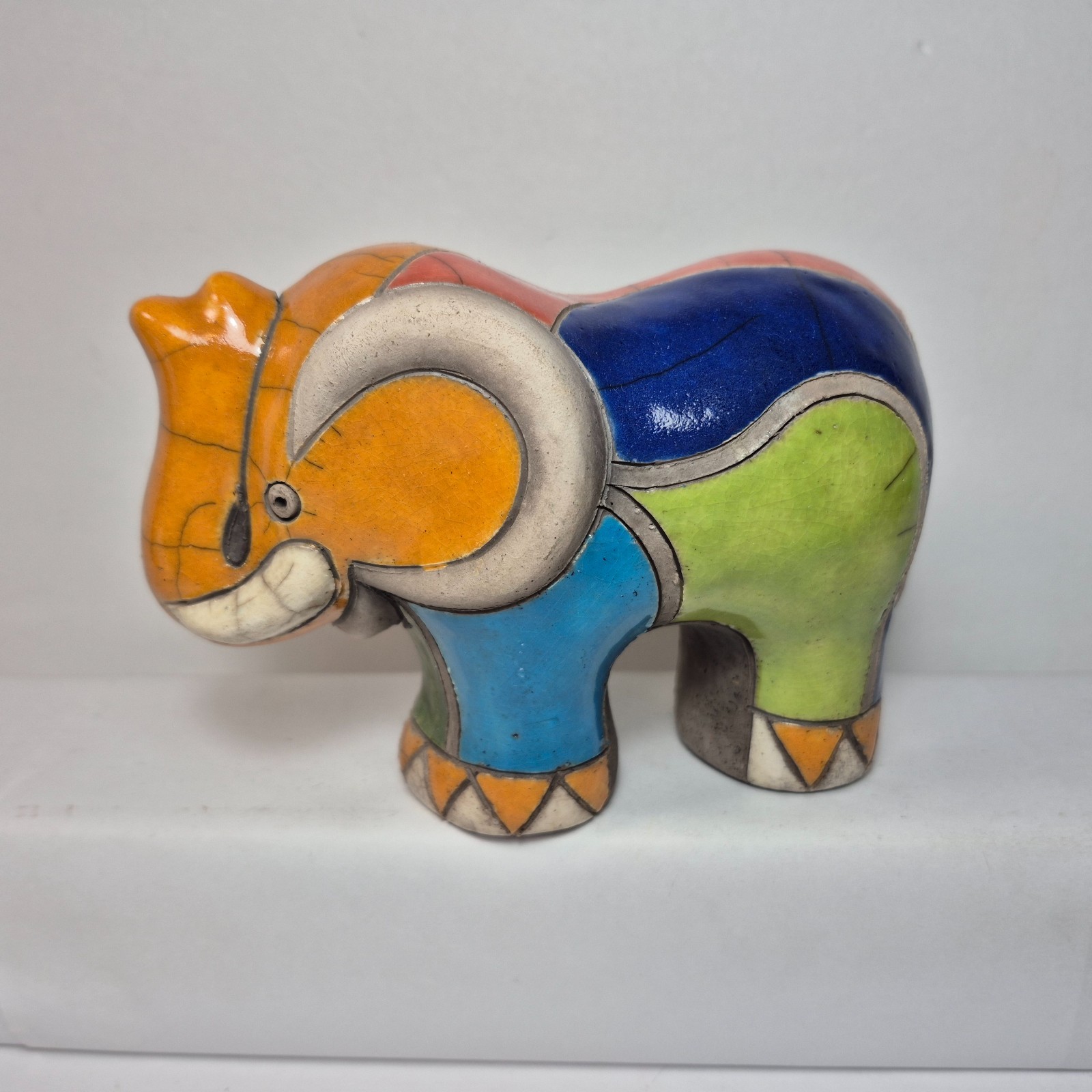 Raku Pottery Elephant Figurine South Africa Hand Crafted Signed Glaze Mosaic