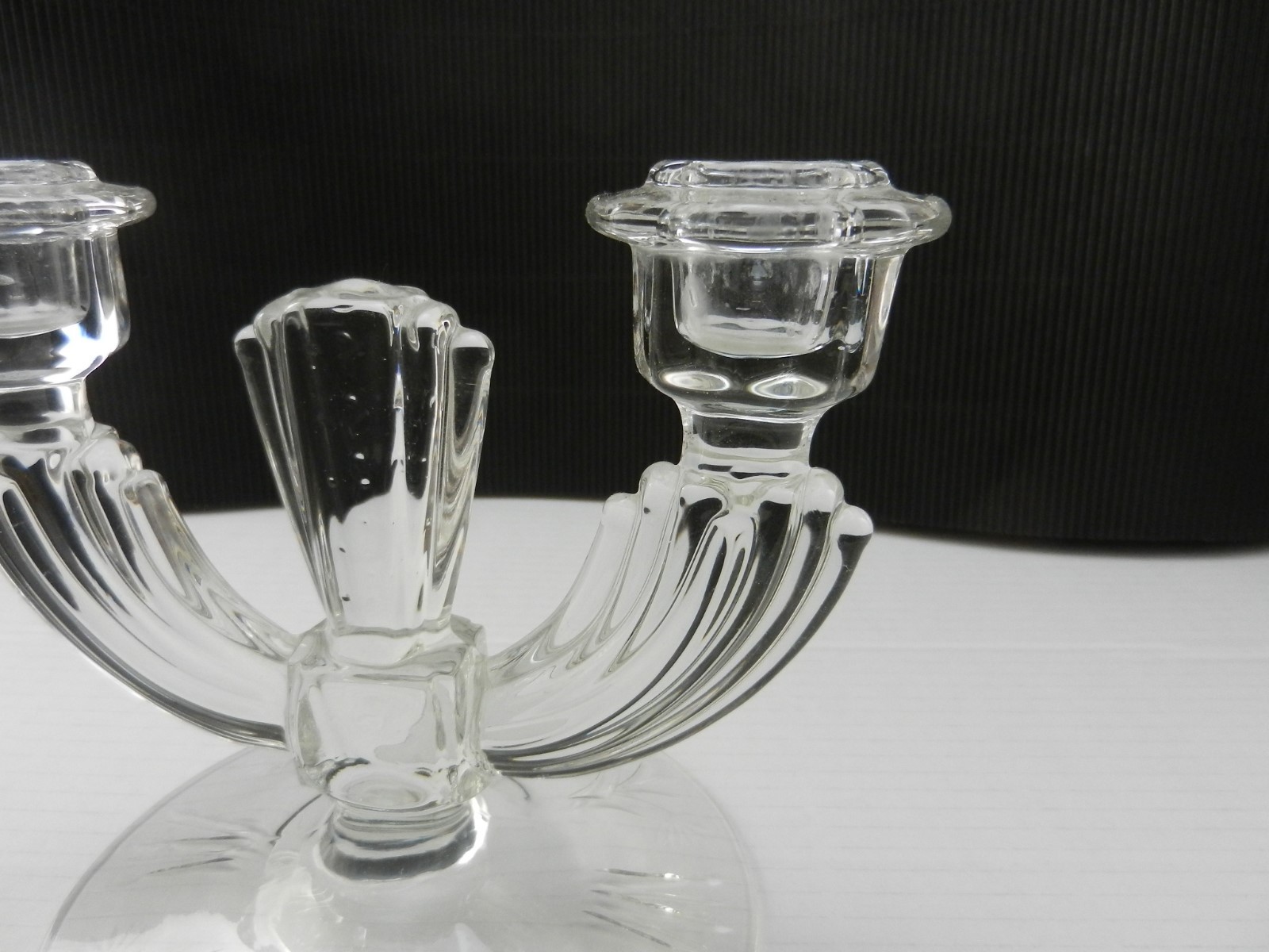 Tiffin US Glass #15360 Dual Light Candlesticks 2 Clear Cut 7″ Arms ca 1930-40’s