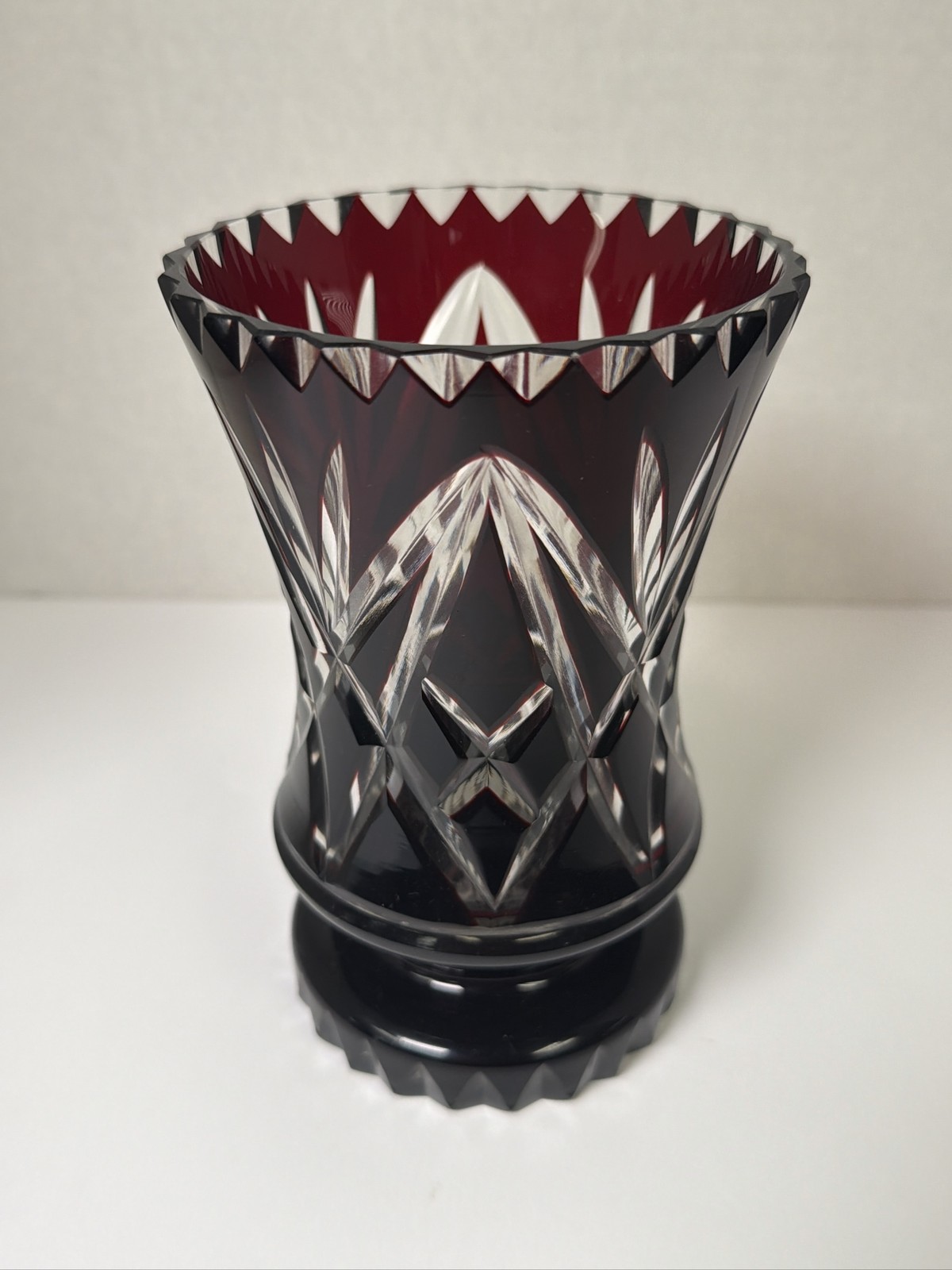 Bohemian Ruby Red Crystal Vase Geometric Sawtooth Rim