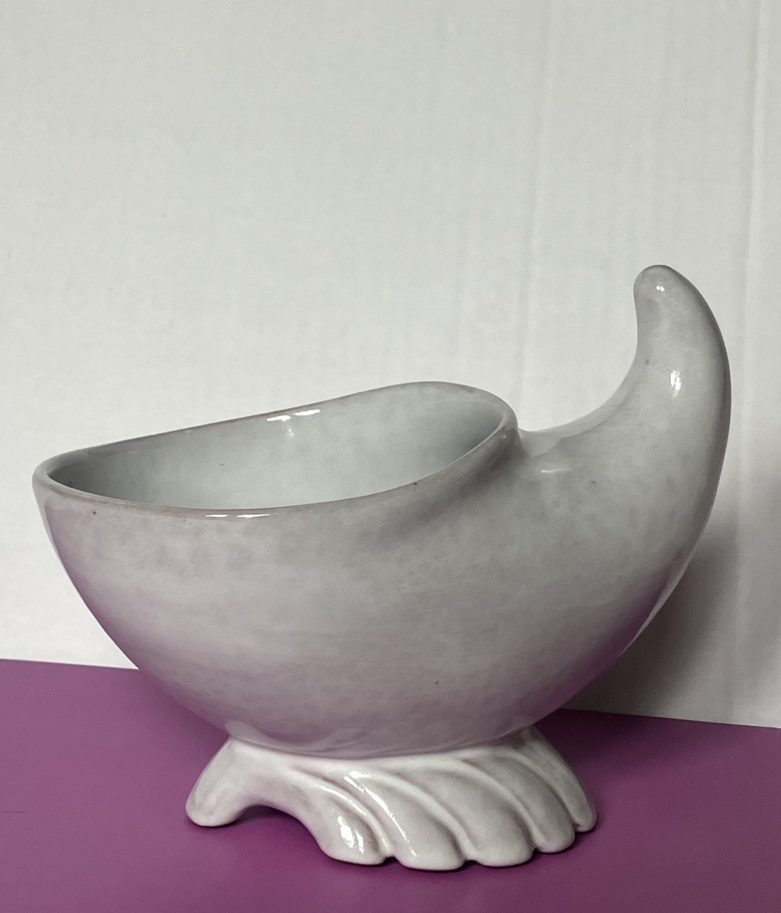 Glazed Gray Pottery Footed Cornucopia Vase 5 X 6 Inches