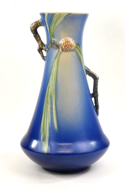 Roseville Pottery Blue Pine Cone Handled Vase, Shape 712-12″
