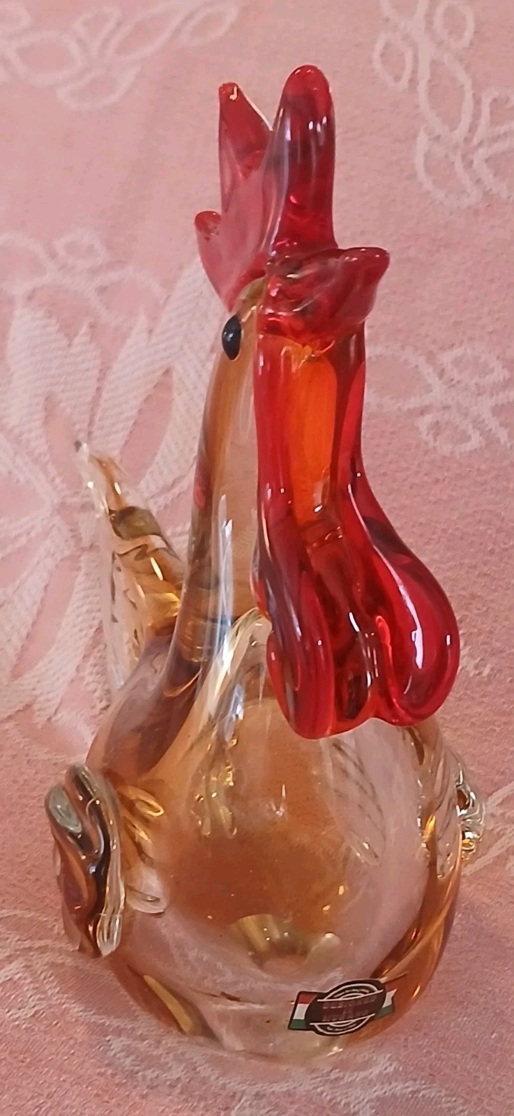 Murano Style Hand Blown Glass 8″ Rooster Figure Clear, Gold & Red Colors New