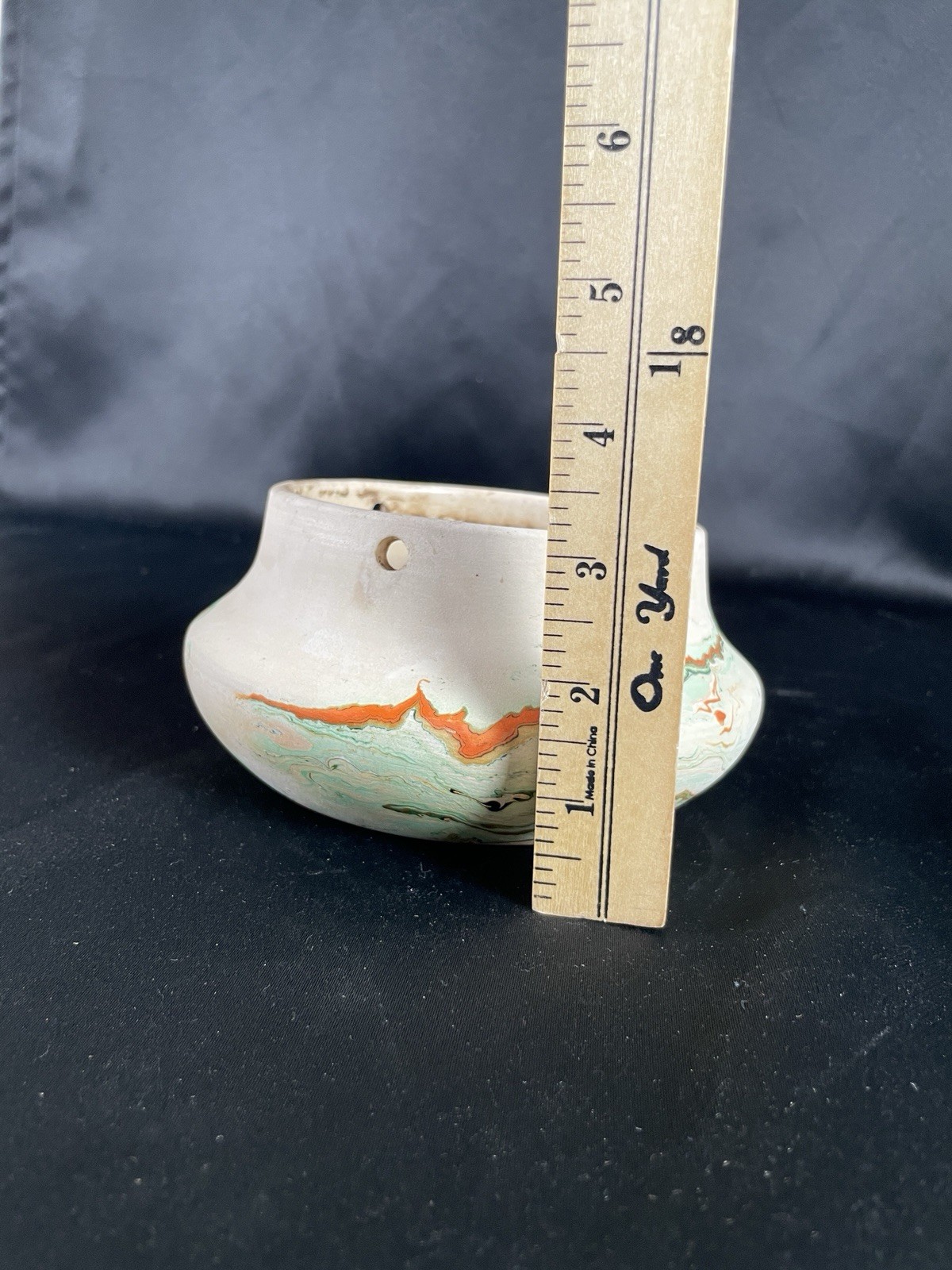 Vintage Nemadji Pottery USA Hanging Planter Pot wit Chain Swirled Orange Green