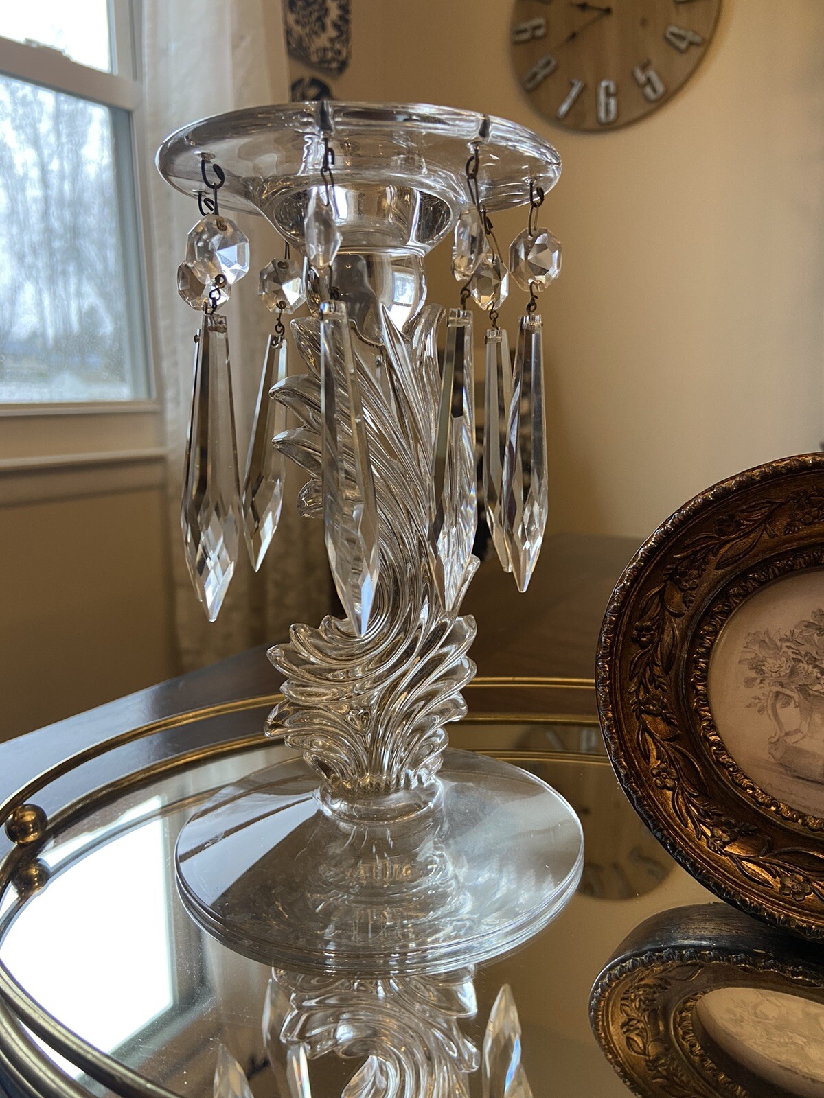 2 Vtg taper Candle Holder Crystal Lusters Fostoria Baroque hollywood regency