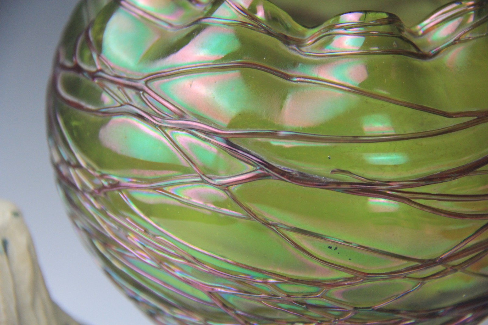 Kralik Veined Green Iridescent Vase Mounted on Unique Alligator Base Rare!!!