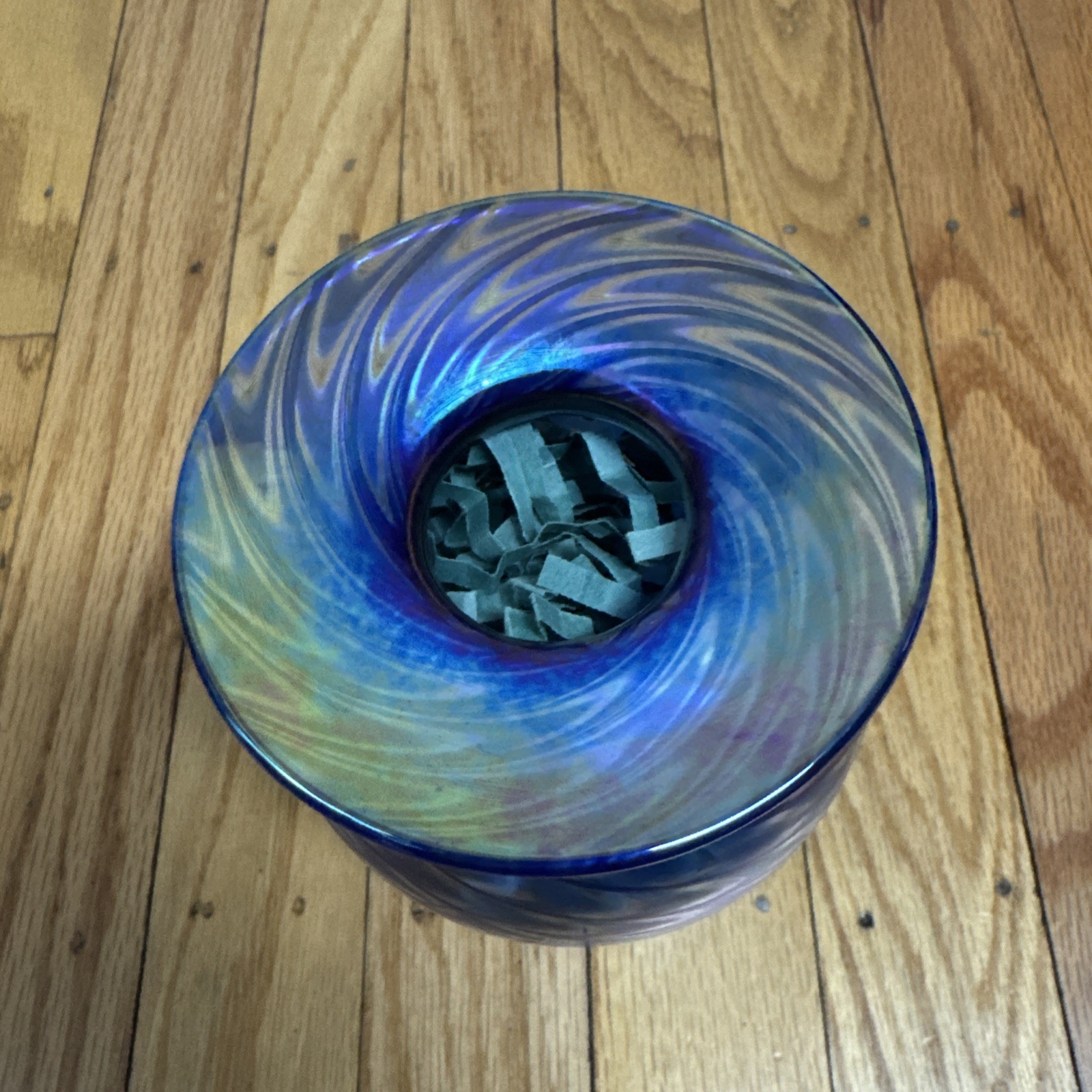 VTG The Glass Eye Studio Pulled Feather Vase 6” MSH 1988 Blue Swirl Peacock Art