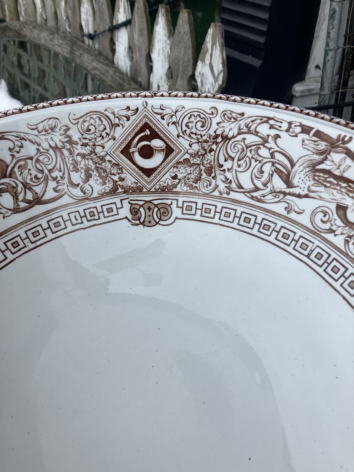 Antique Brown Transferware Wash Basin Bowl Ironstone Stag Boar Hunt Brownfield