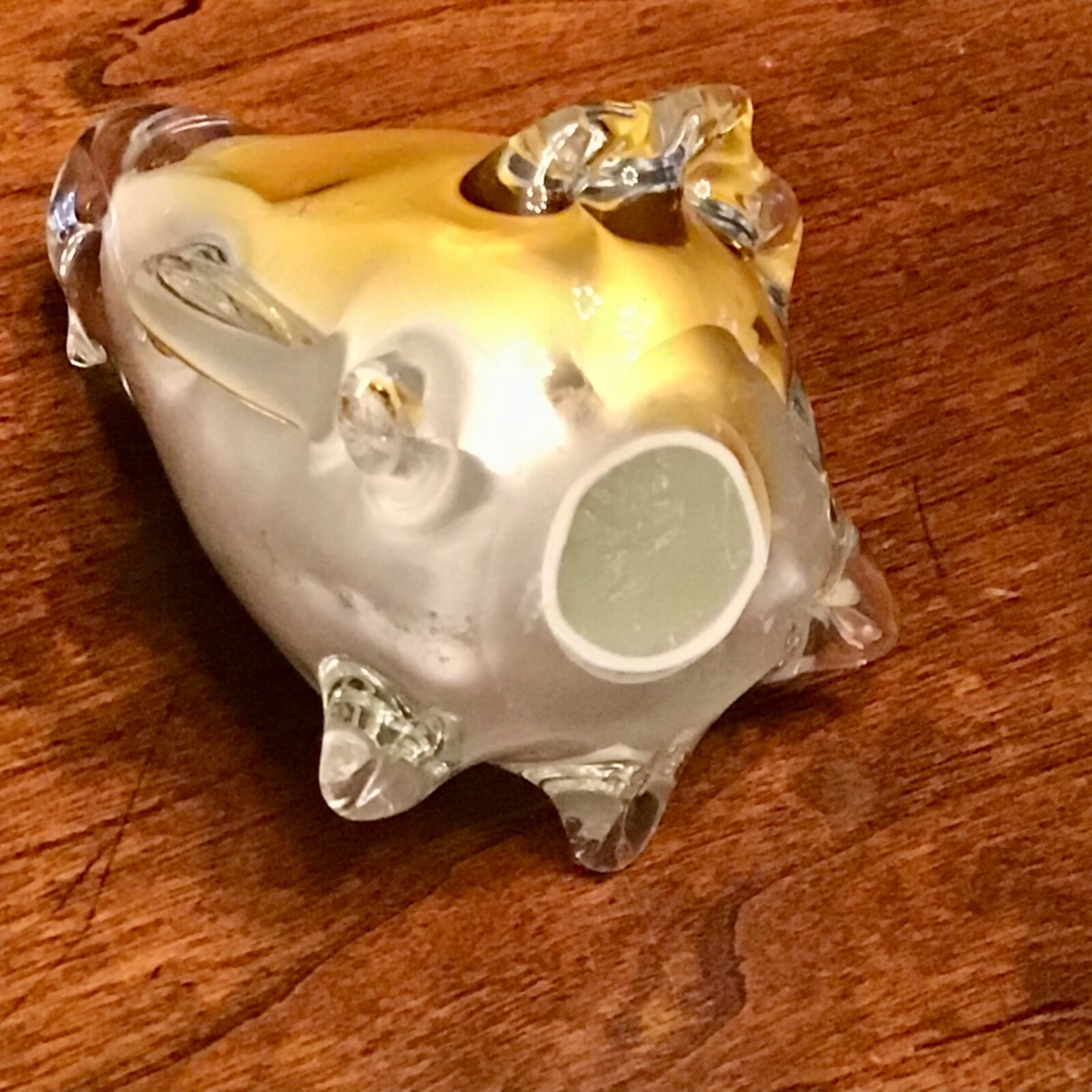 Murano Style Art Glass PENGUIN Figurine Paperweight Cased Clear White & Amber