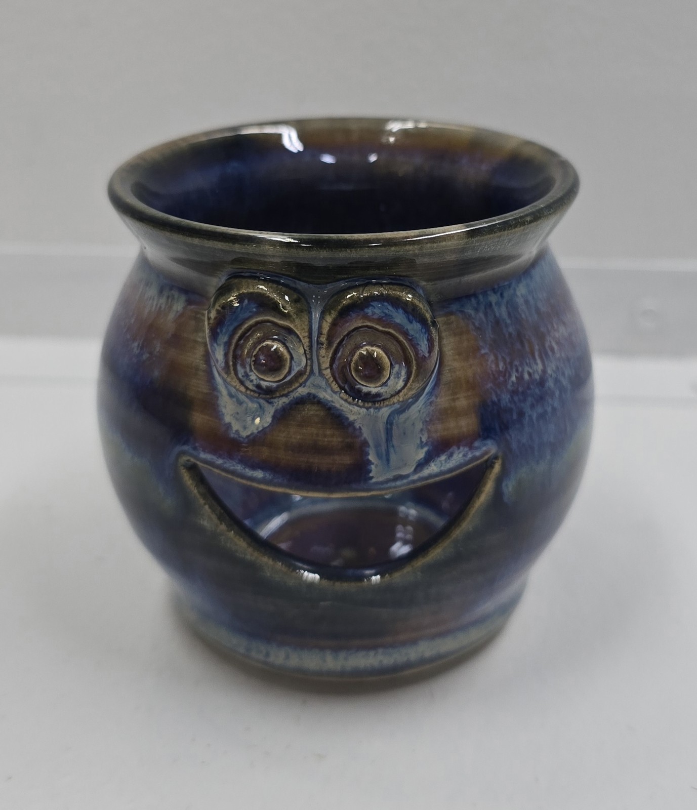 Unique Handmade Pottery Face Planter Pot Blue Purple Drip Glaze Whimsical Decor