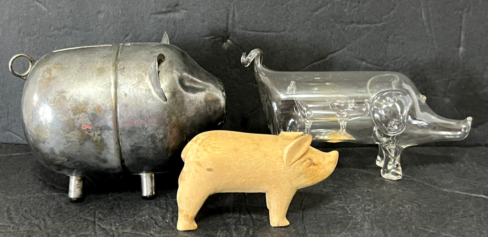 3 VTG PIG FIGURES HANDBLOWN GLASS W/BABY PIG IN BELLY SILVERTONE BANK WOODCARVED