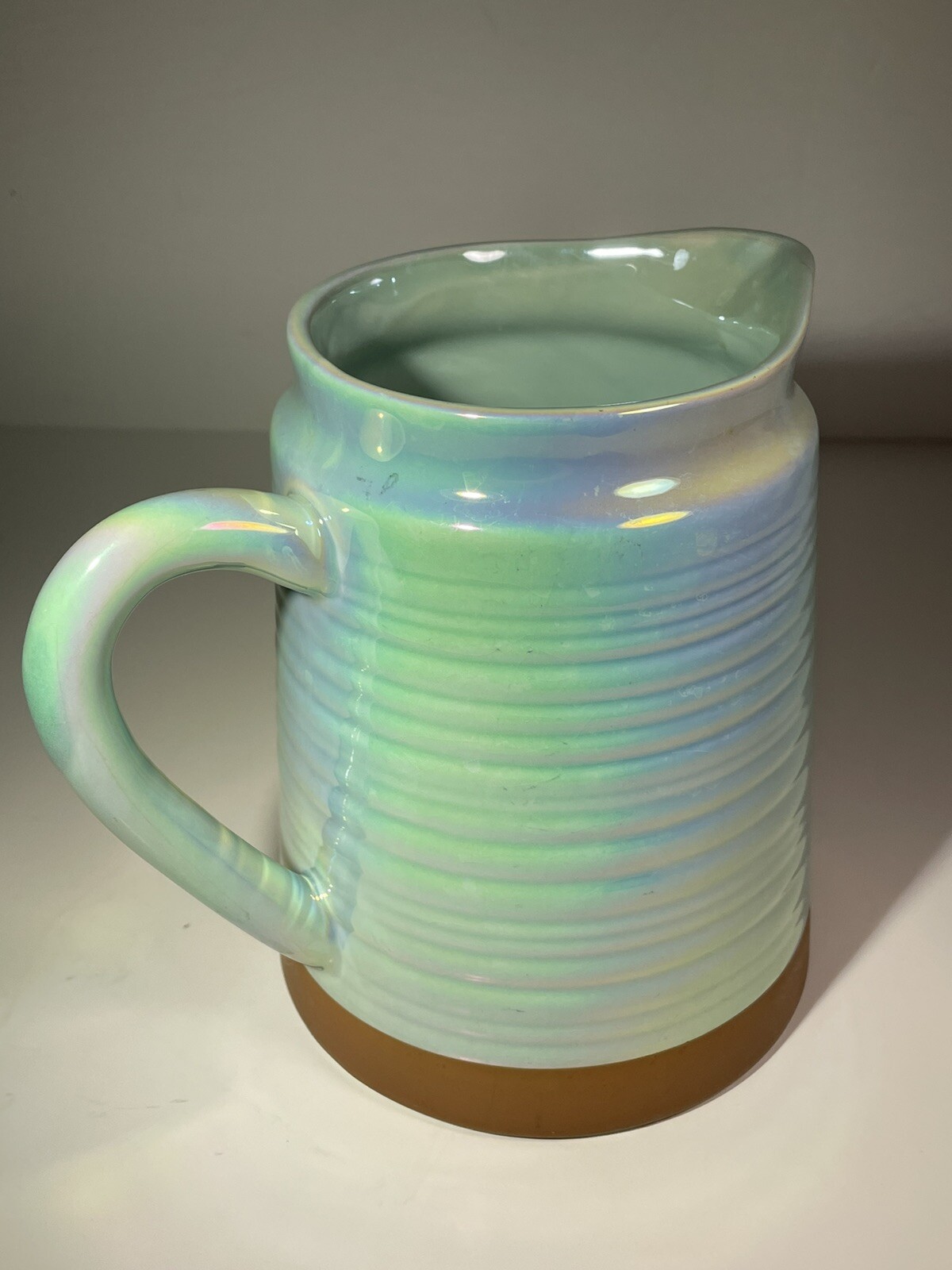 Teleflora Ceramic Milk Jug Pitcher Server Vase 6.25″ Green/Blue Iridescent