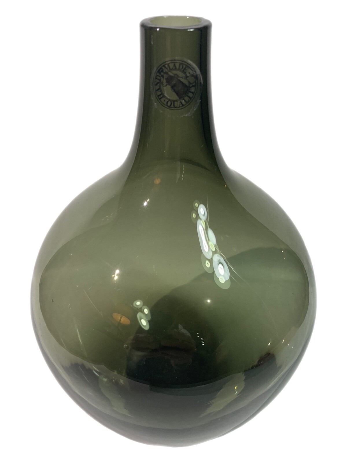 Hand-blown smokey gray glass bud vase modern rounded shape clear bottom label