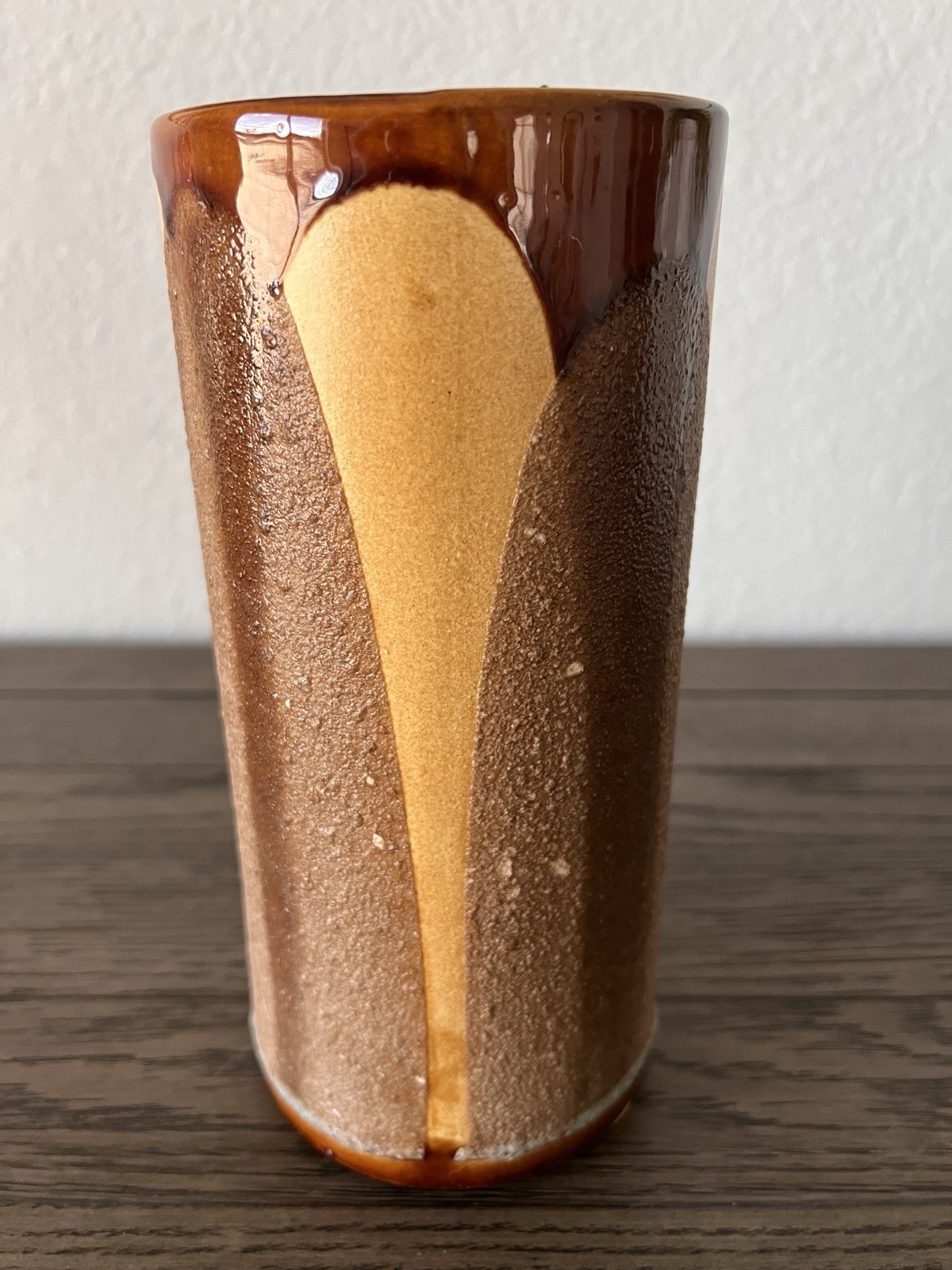 Vintage Brown Tan Drip Glaze Textured Haeger Pottery Cylinder Vase 9” T USA 3917