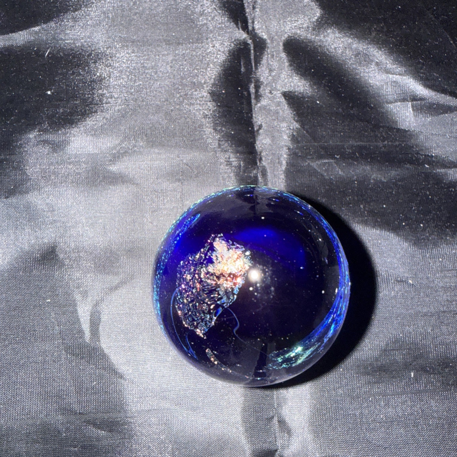 Black Sheep Glass Studio signed 1993 Swirl Egg Paperweight, Blue Metallic 2.5” S