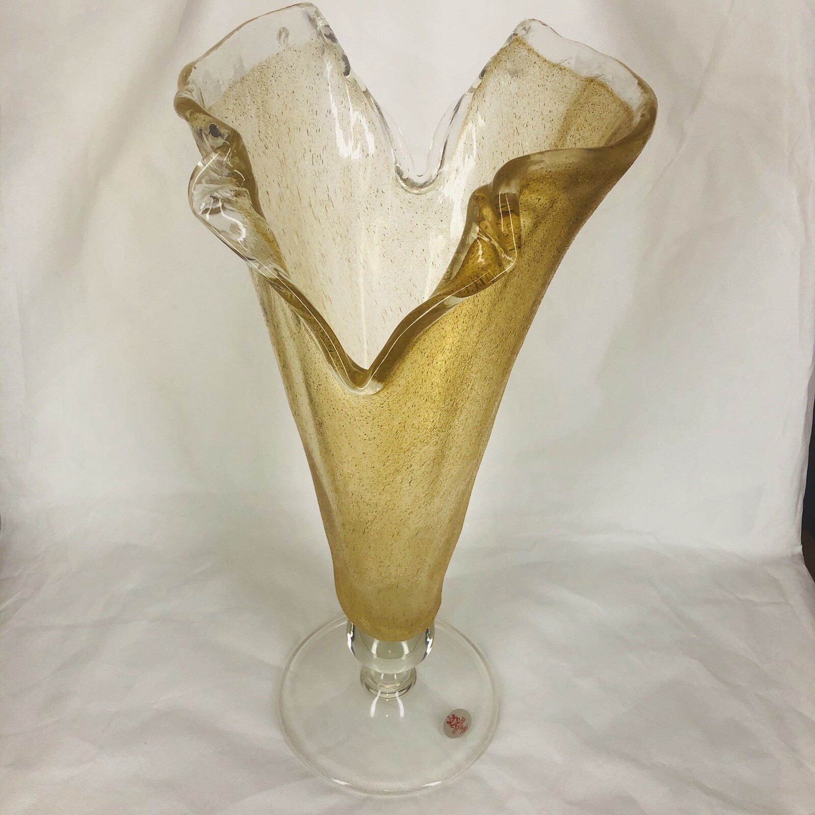 FLAWLESS Exquisite DESIGN GUILD ITALY Yellow Clear Bronze Footed Handles VASE