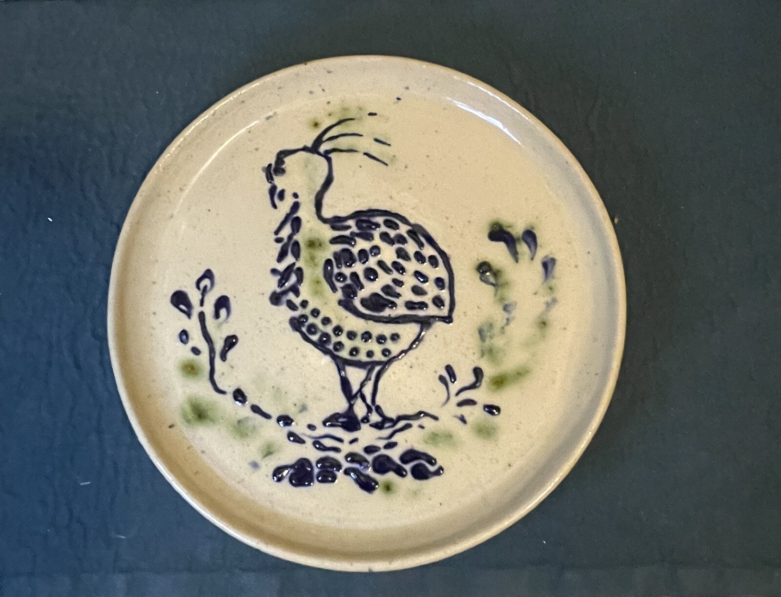 Vintage Unique Pottery Round Plate Peacock design Signed Mars Land 1996