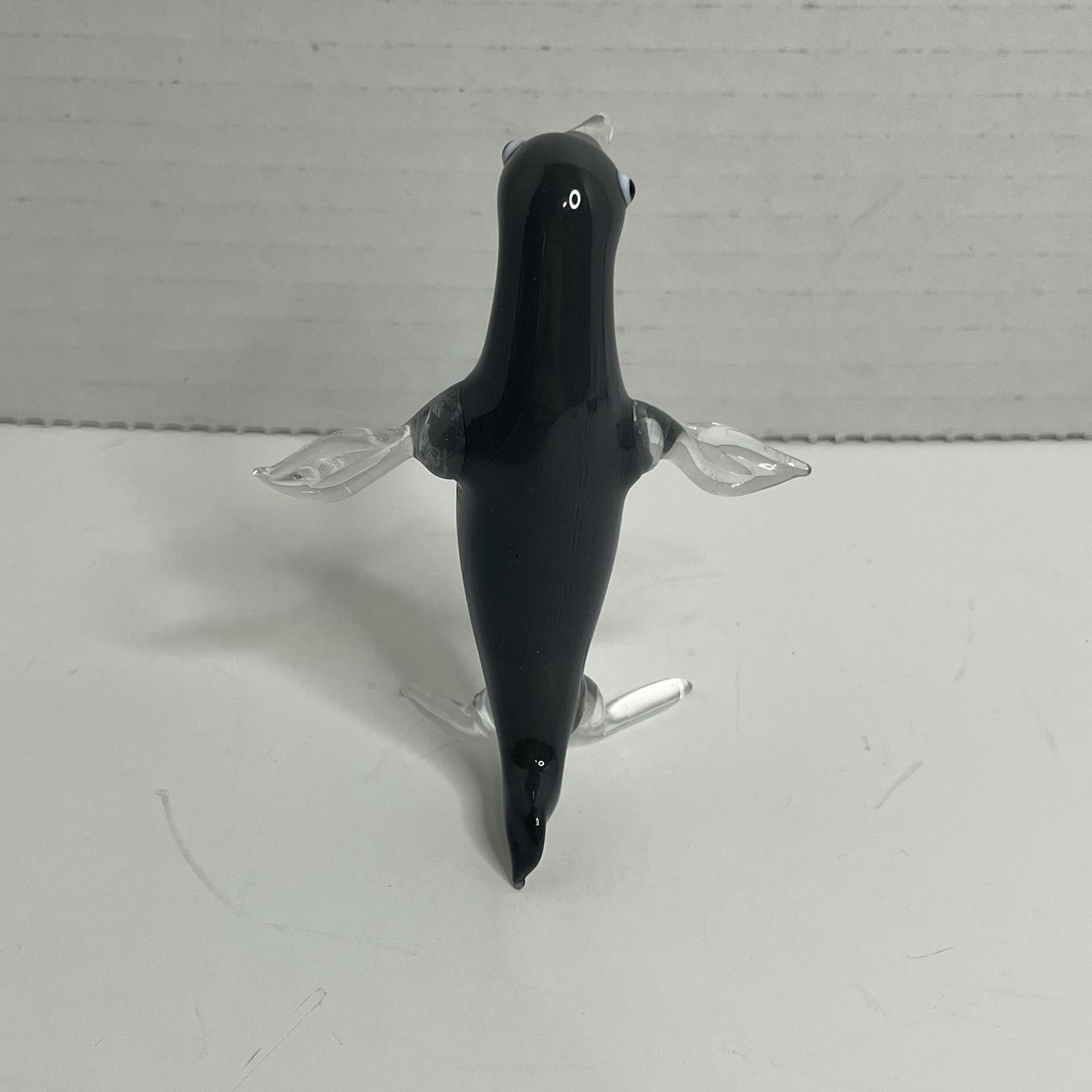 Hand Blown Art Glass Clear Black White Penguin Figurine 3.5” Tall Shadow Box