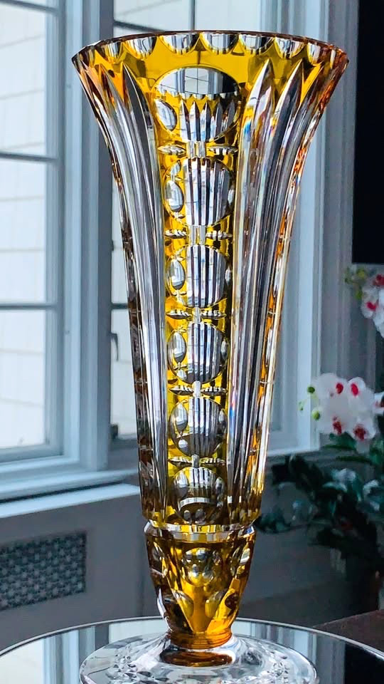 Vintage Nachtmann Crystal Trumpet Vase in Citrine; 10.5″ Tall; Made in Germany