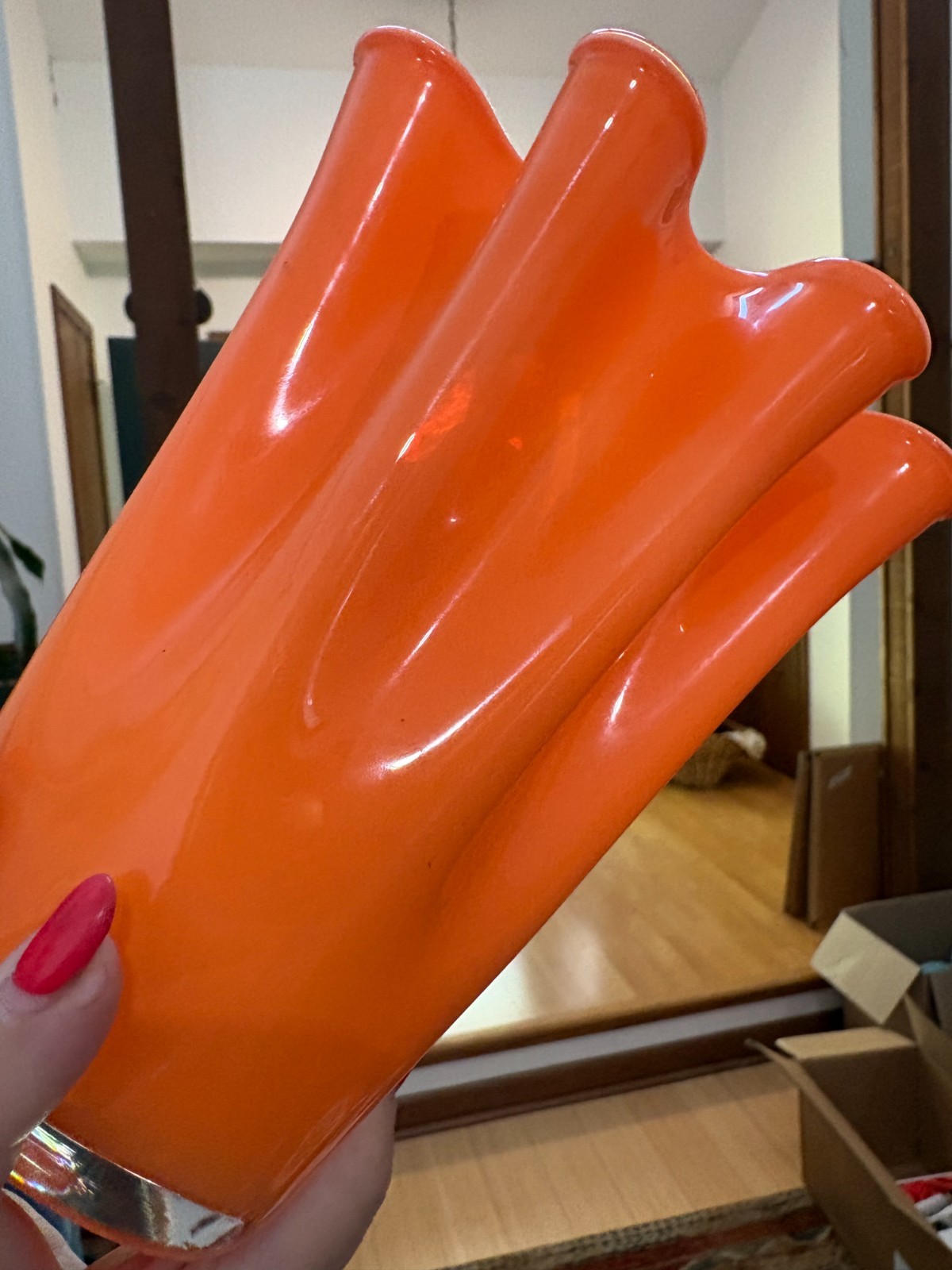 Murano Italy Style Blown Art Glass Vase Orange Peach Ruffled Handkerchief