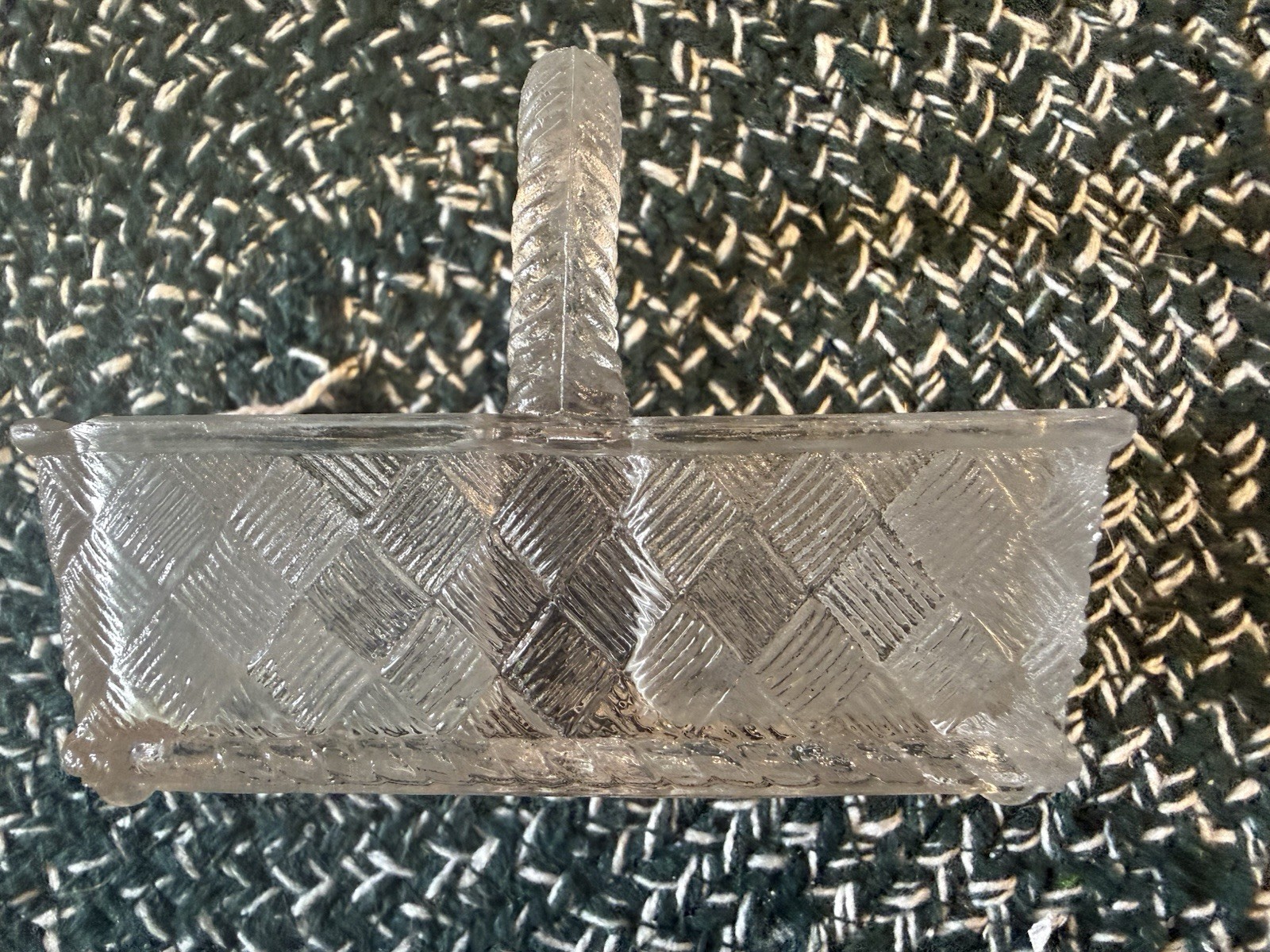 Vintage Clear Pressed Glass Basketweave Double Handled Condiment Basket Caddy