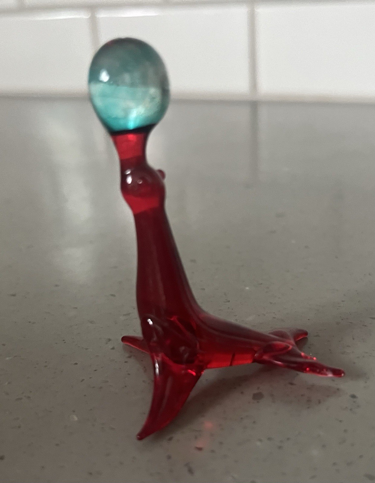 Vintage Murano Blown Glass Seal W Ball Red Blue Italian Miniature 2” Venetian