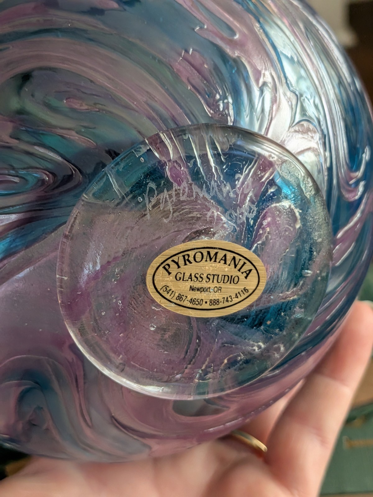 Pyromania Oregon Float Large Purple Art Glass Ball Orb Sphere Blue Swirl Signed