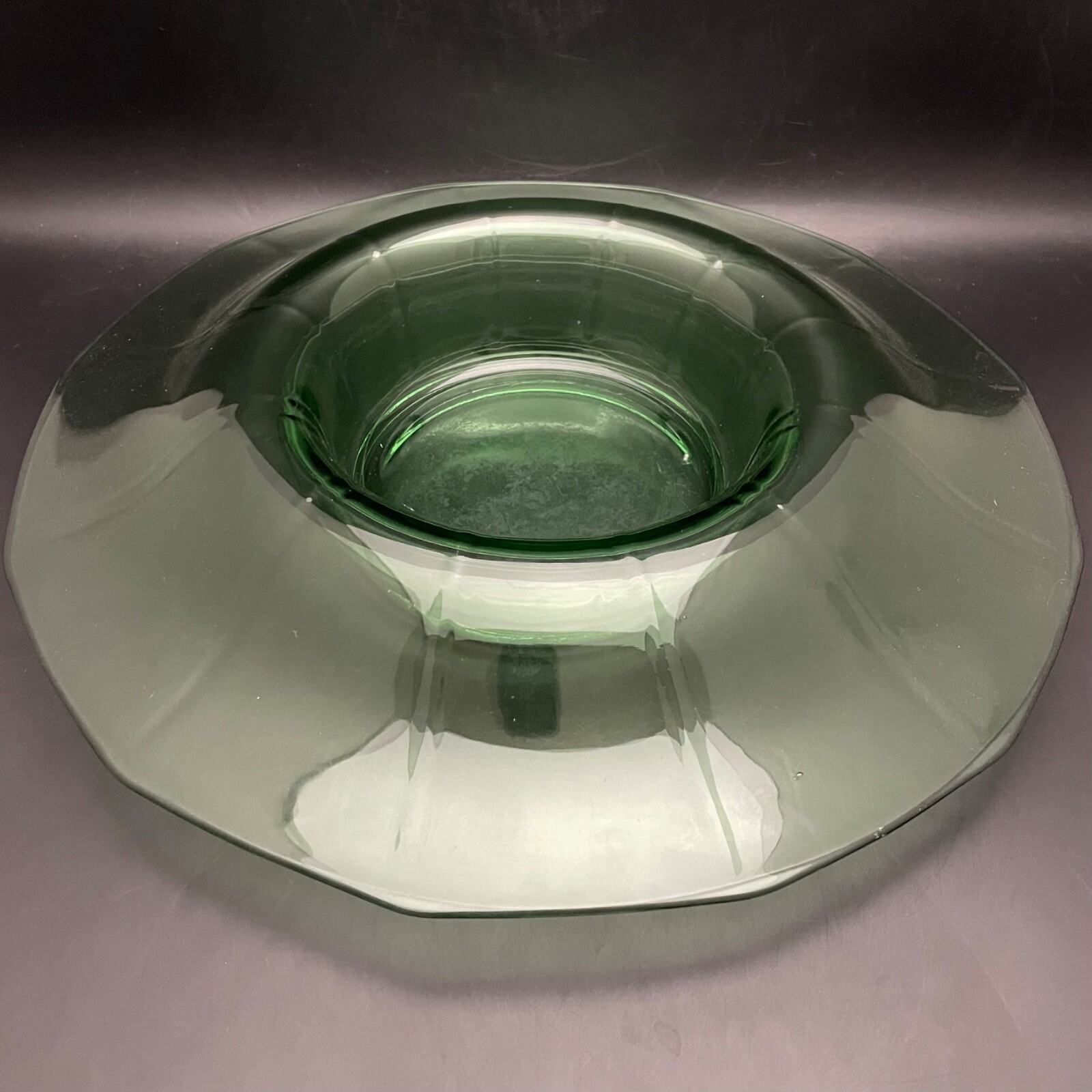 Cambridge Green Uranium Glass XL Dodecagon Optic Console Bowl Made in USA 15″dia