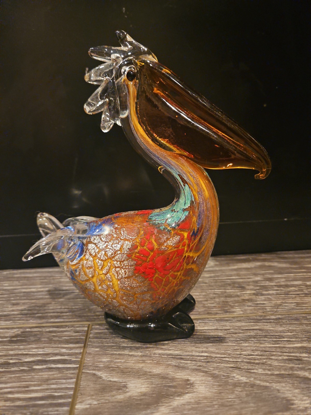 7″ Hand Blown Art Glass Pelican Figurine Multicolor Murano Style EUC