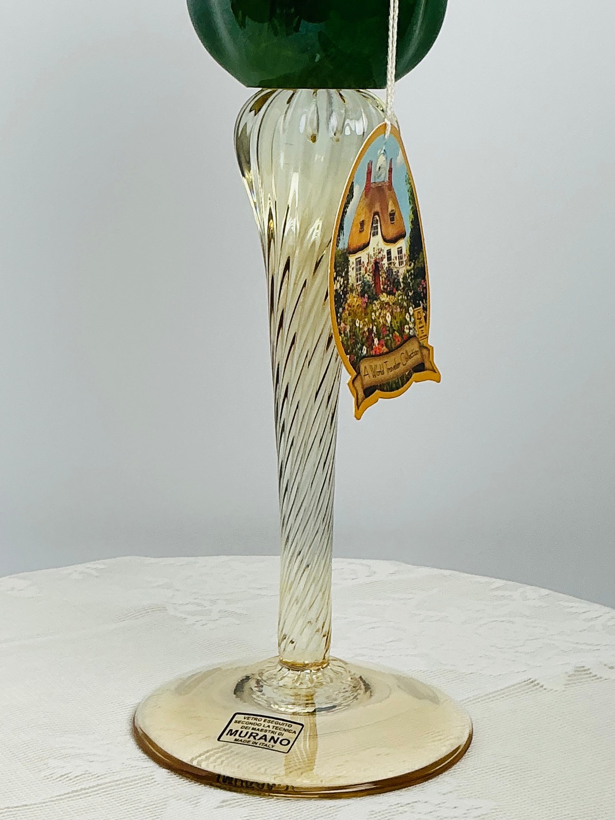 Murano Style Art Glass Tulip Candle Holder, Hand-Blown Green or White Variation