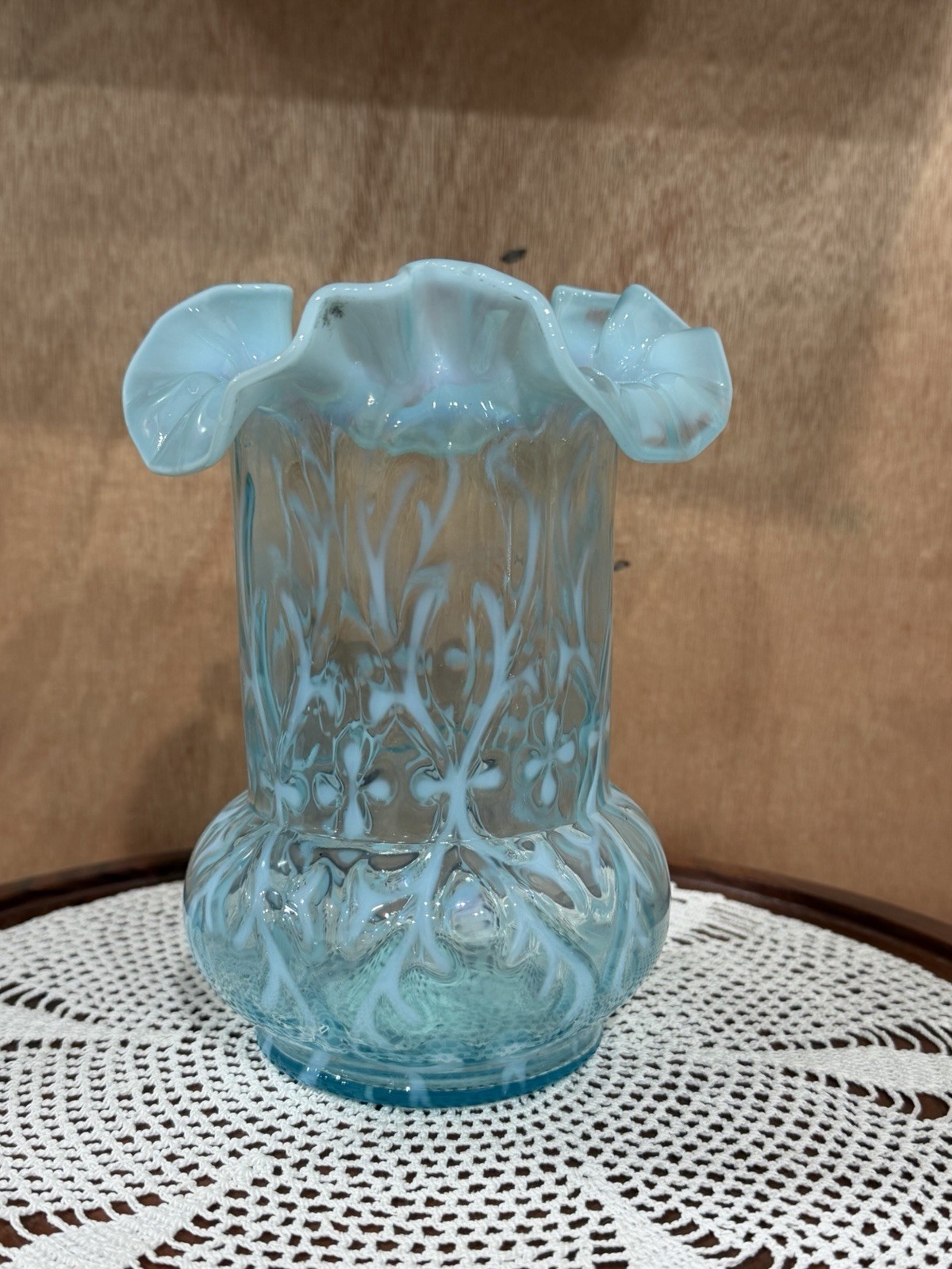 ANTIQUE VICTORIAN NORTHWOOD BLUE OPALESCENT SPANISH LACE CELERY VASE LATE 1800S