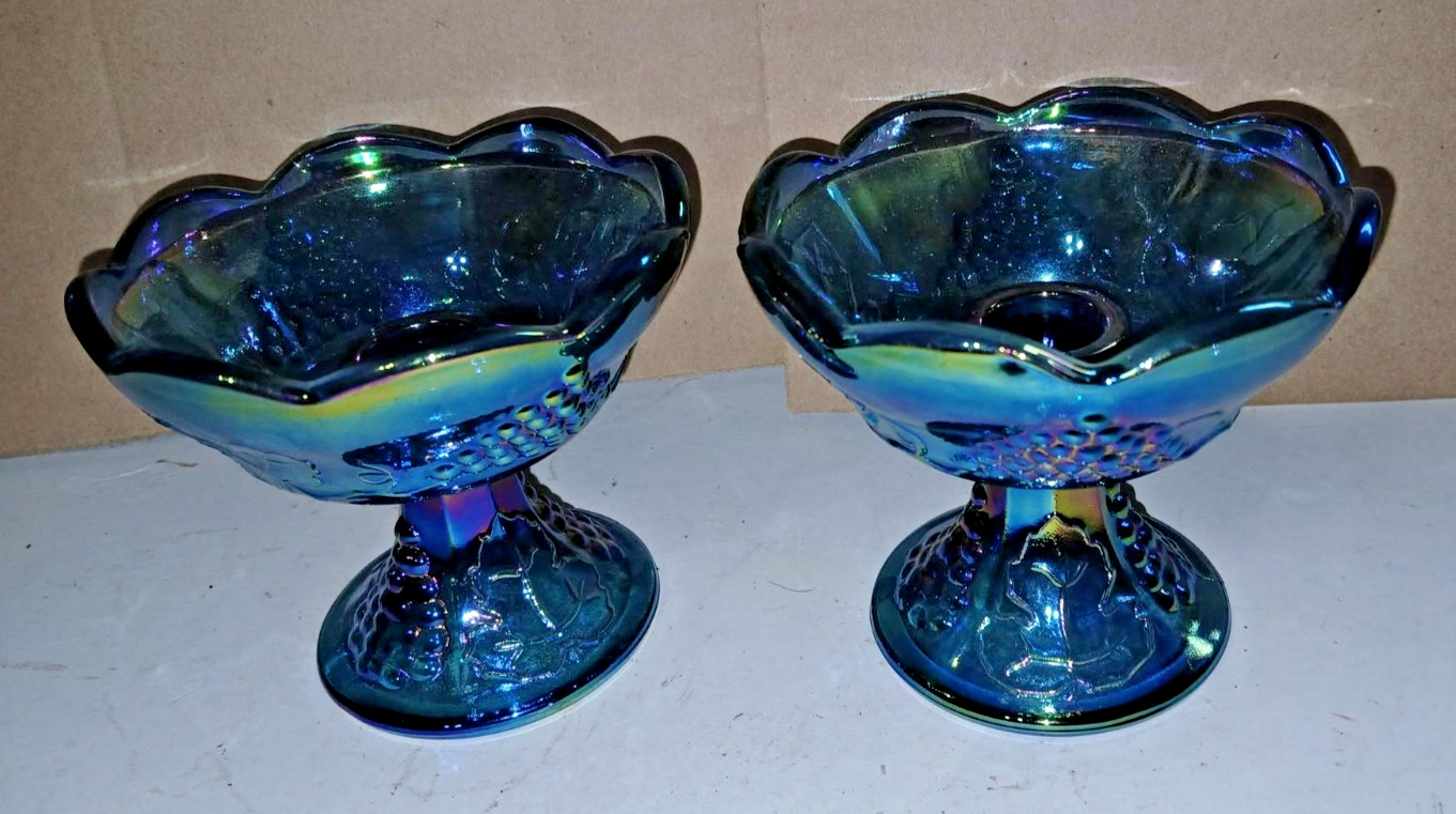 PAIR Indiana Glass HARVEST GRAPE Blue Carnival Iridescent Candle Stick Holders