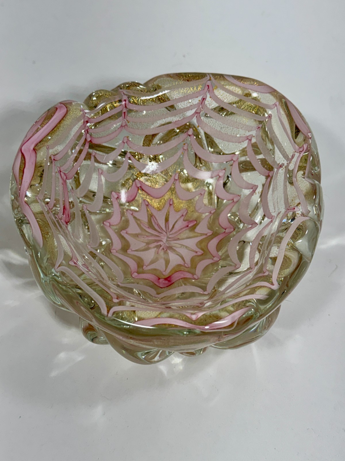 BAROVIER Murano Zebrati Spiderweb Bowl Gold Aventurine Pink Biomorphic