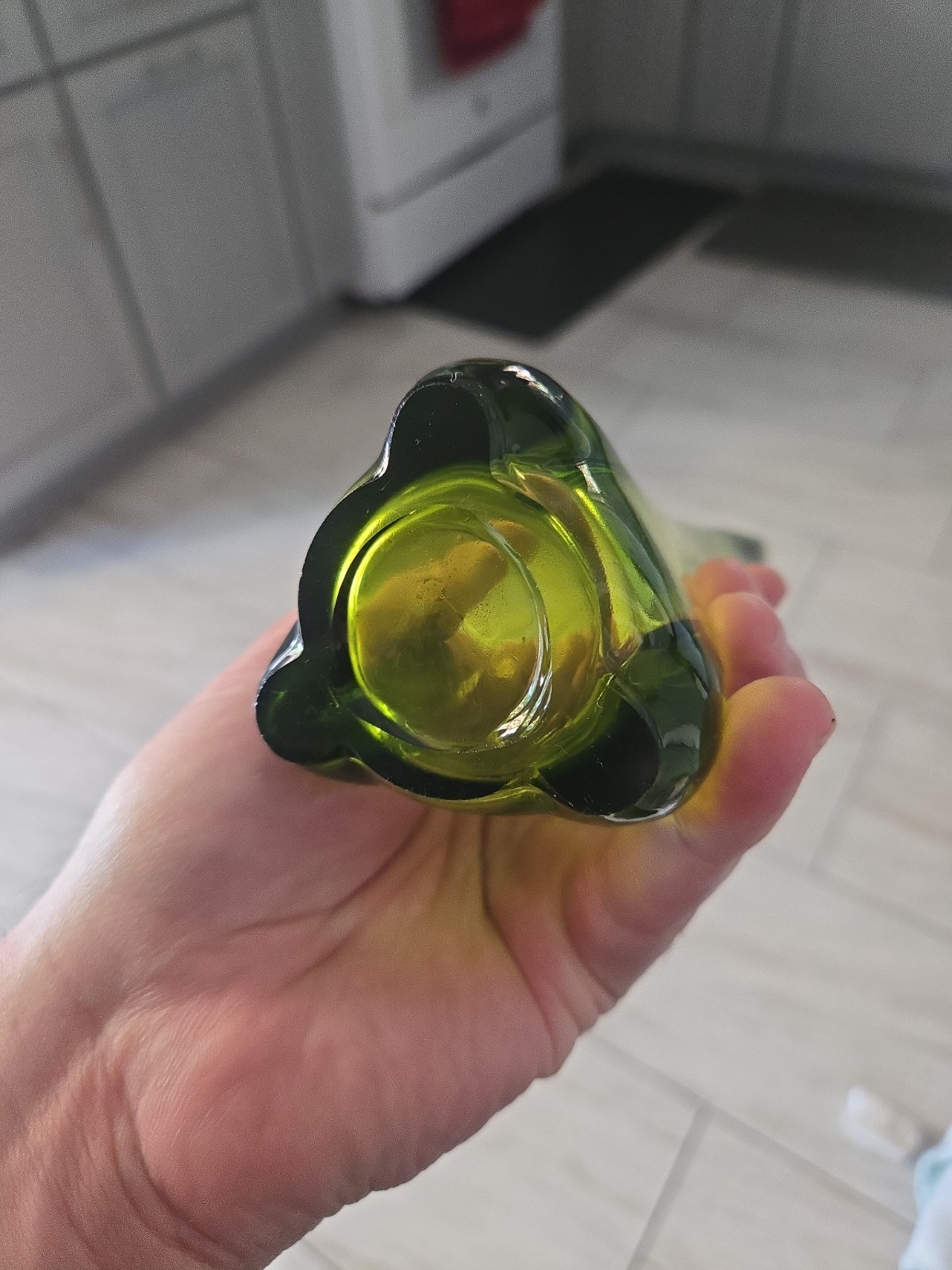 Vintage MCM Viking Glass 12 1/2” Epic Bud Vase Swung Vase Avocado Green Stunning