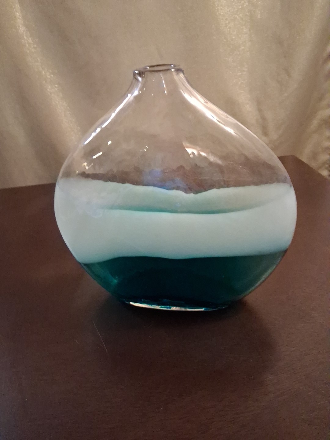 Abstract Art Glass Vase Beach Theme Blue Wht Clear 8x8x2.5″: .75″ Made In China