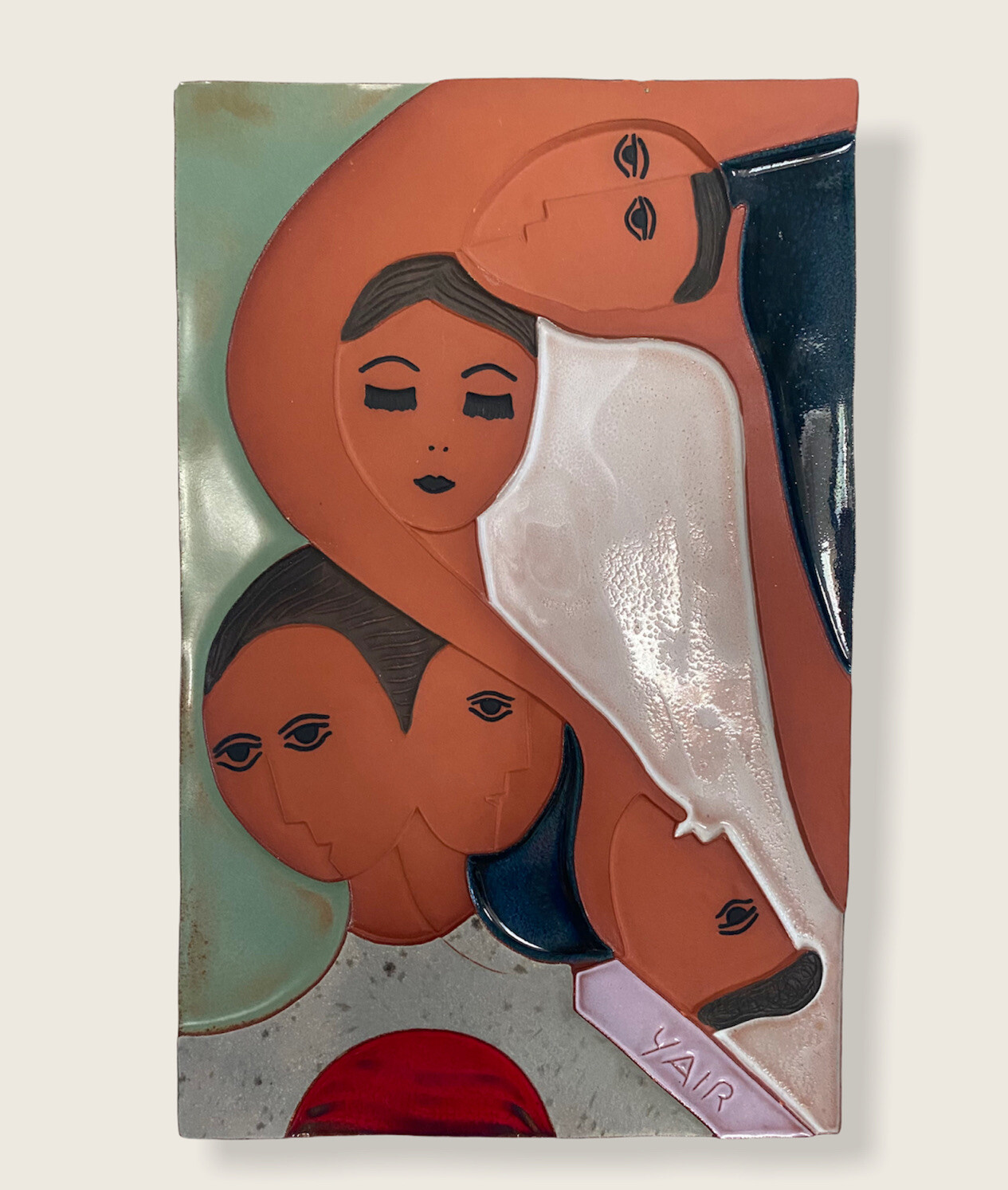Hand-painted YAIR COHEN Fine Art Thick Ceramic Wall Plaque Tile “Family” Israel