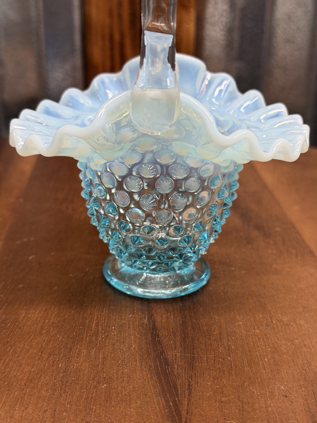 Vintage Aqua Opalescent Hobnail Glass Basket Ruffled Rim Applied Handle