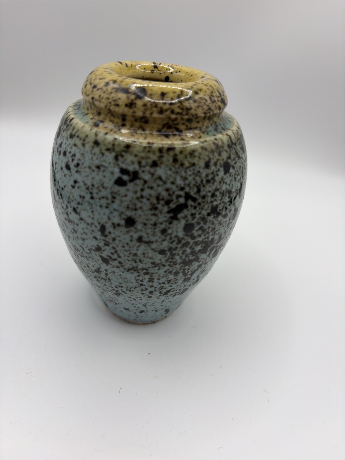 Robin Egg Blue And Yellow Speckled & Ombre Pottery Vase 4 Inches