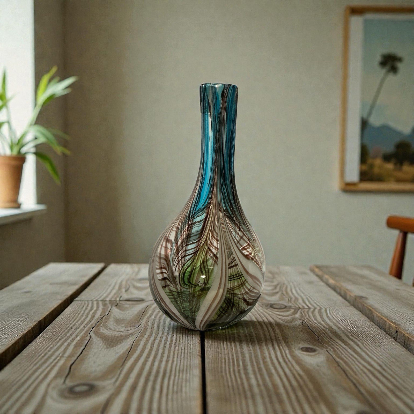 Large Feather Pulled Blue Green Brown Encased Art Glass Vase Studio