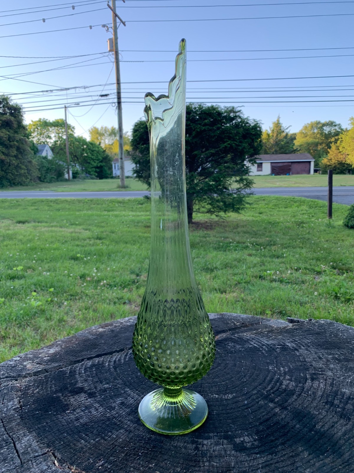 Fenton Colonial Green 22″ Swung Vase Glass MCM 1960’s Footed Hobnail Stretch VTG
